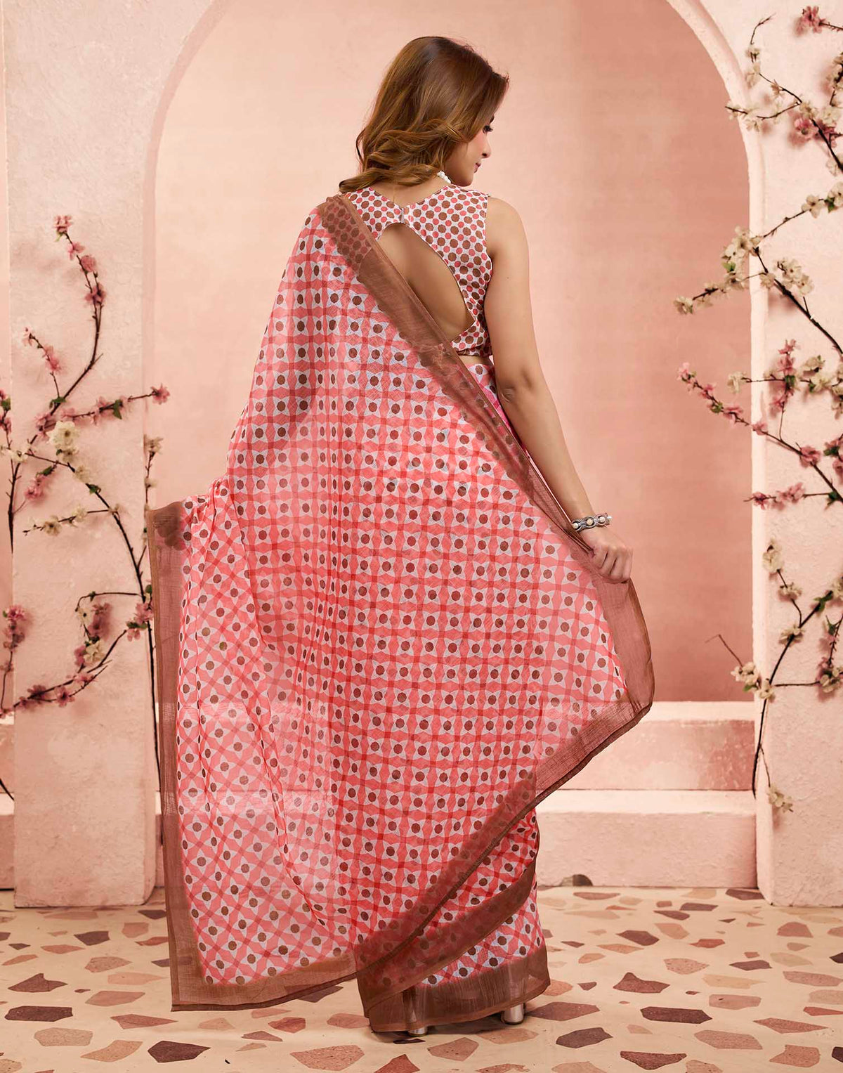 Ready To Wear Baby Pink Linen Printed Saree
