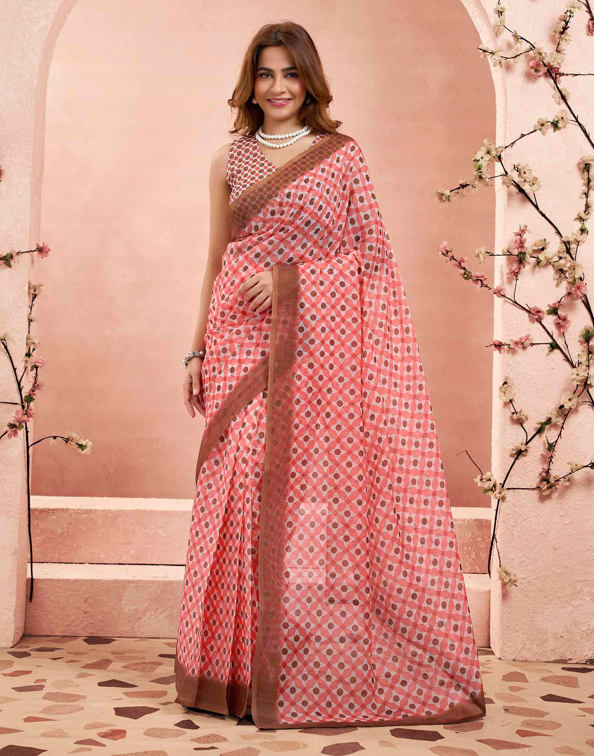 Ready To Wear Baby Pink Linen Printed Saree