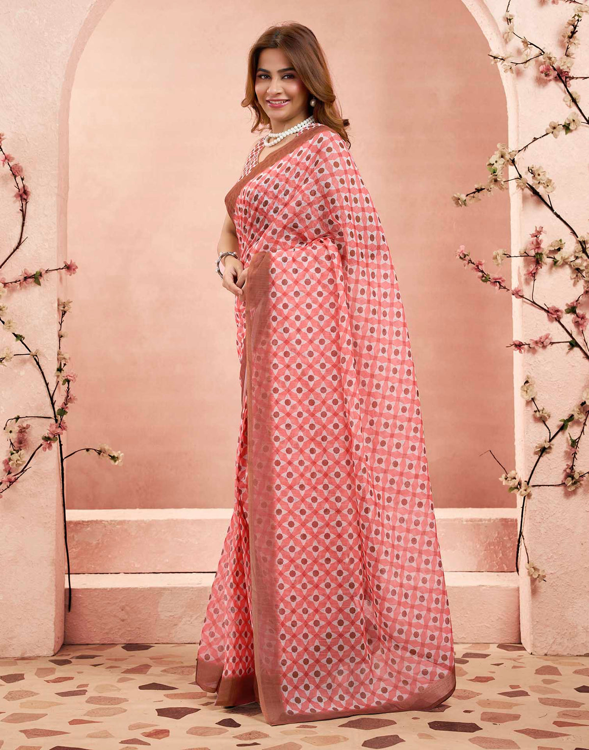 Ready To Wear Baby Pink Linen Printed Saree