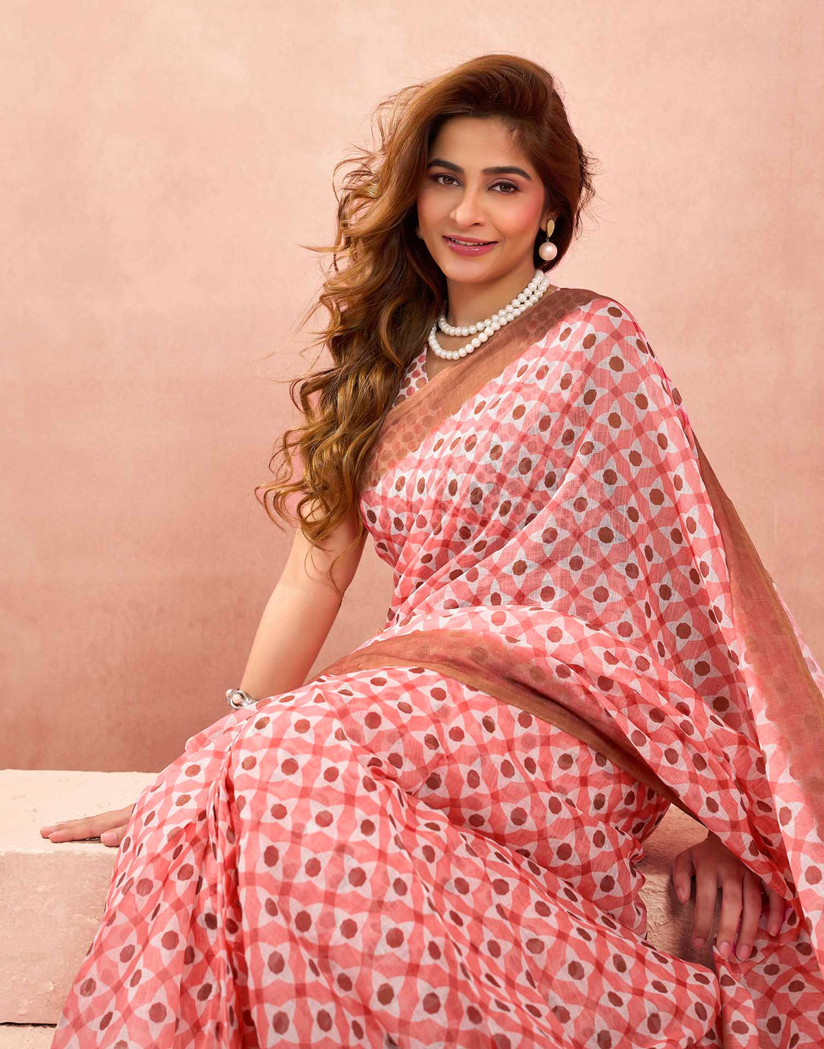 Ready To Wear Baby Pink Linen Printed Saree