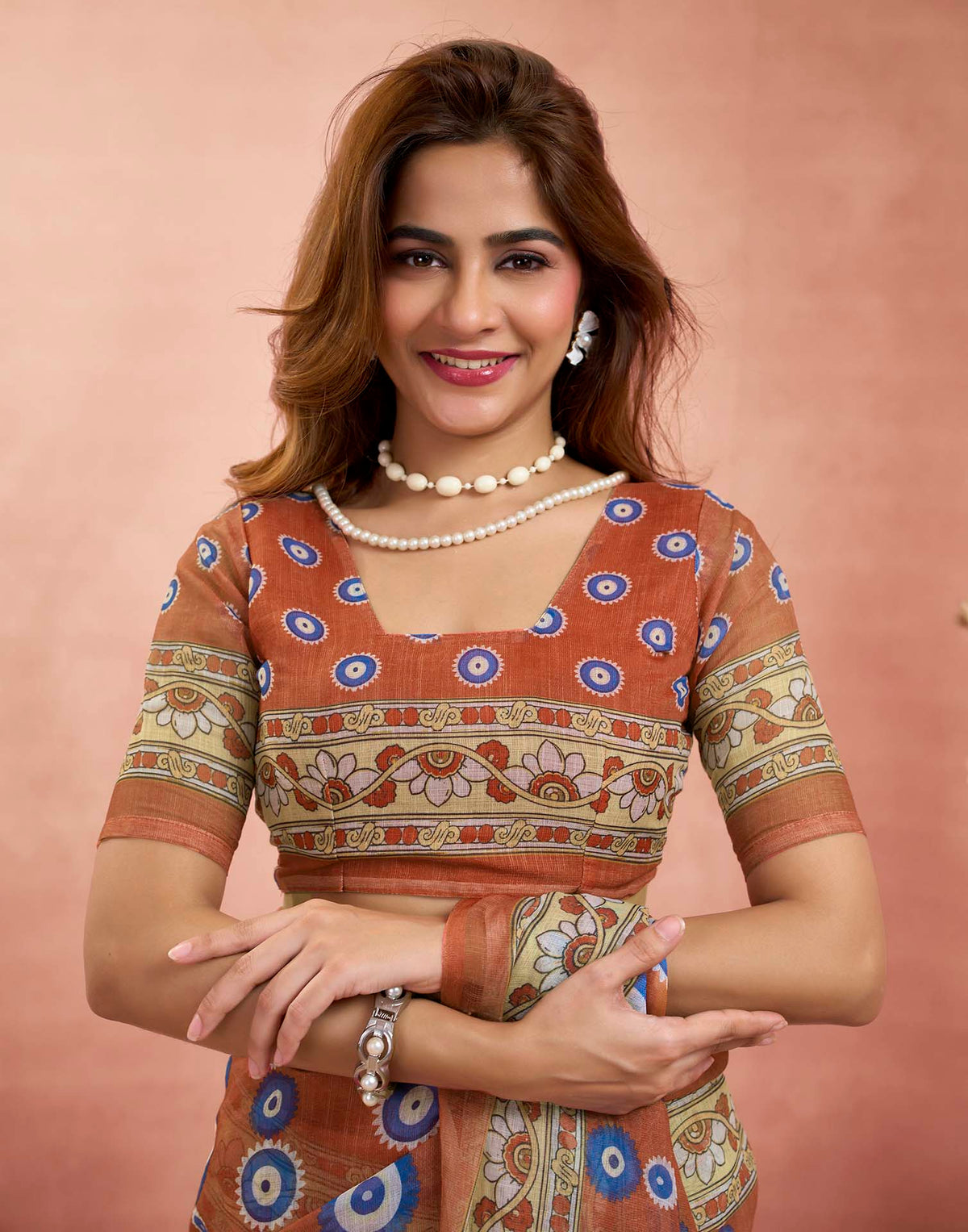 Ready To Wear Rust Linen Printed Saree