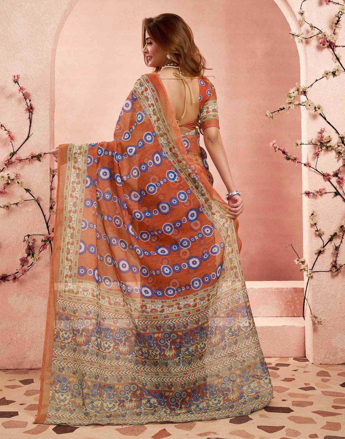 Ready To Wear Rust Linen Printed Saree