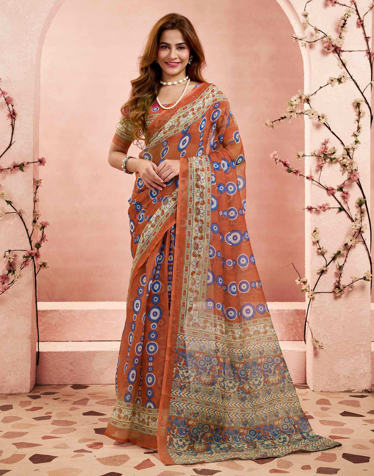 Ready To Wear Rust Linen Printed Saree