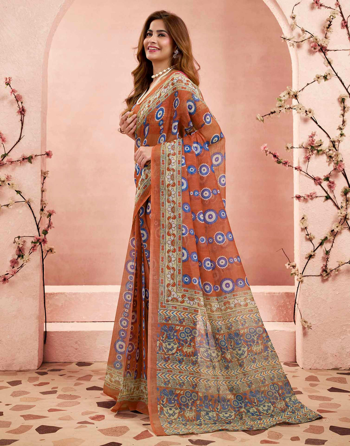 Ready To Wear Rust Linen Printed Saree