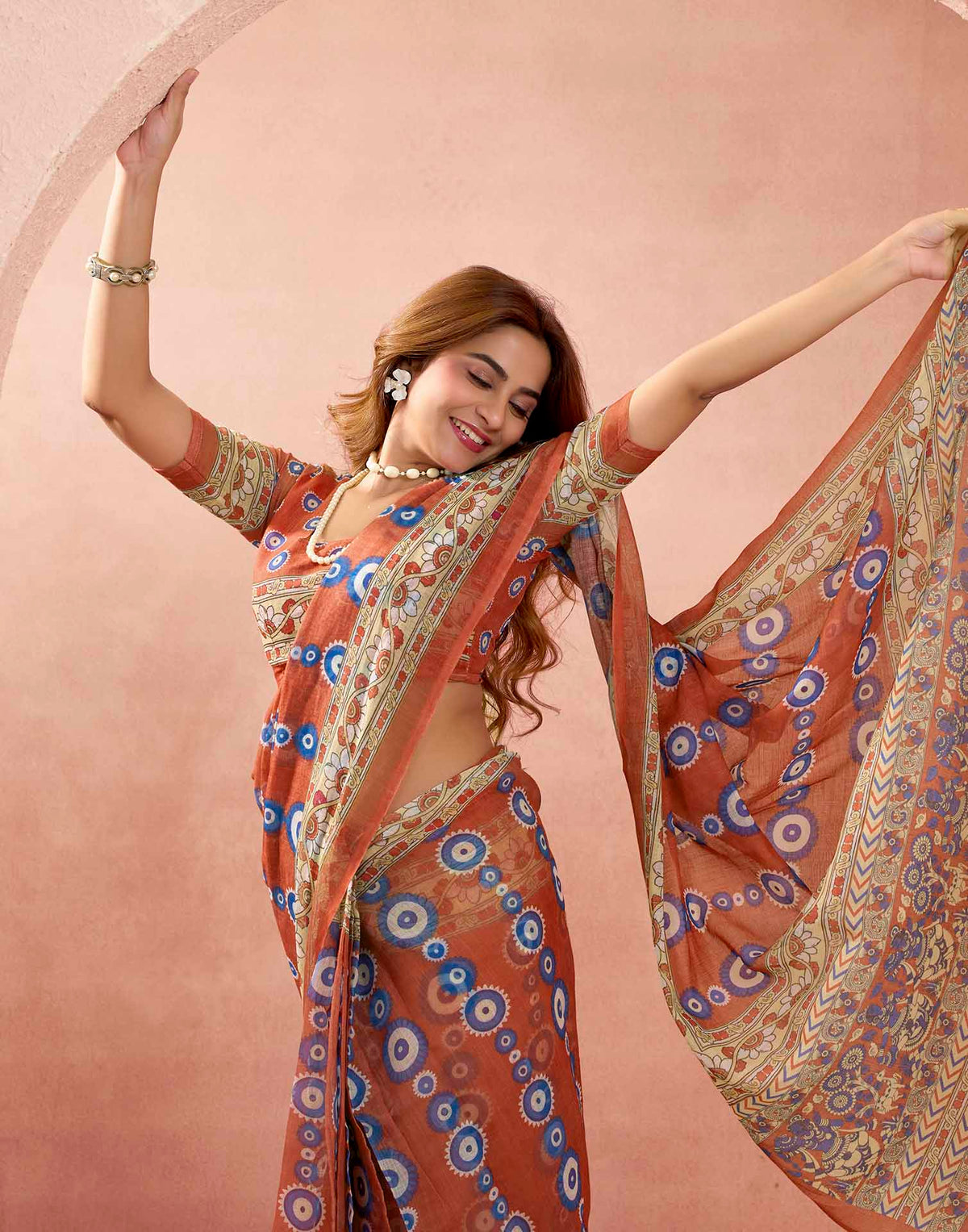Ready To Wear Rust Linen Printed Saree