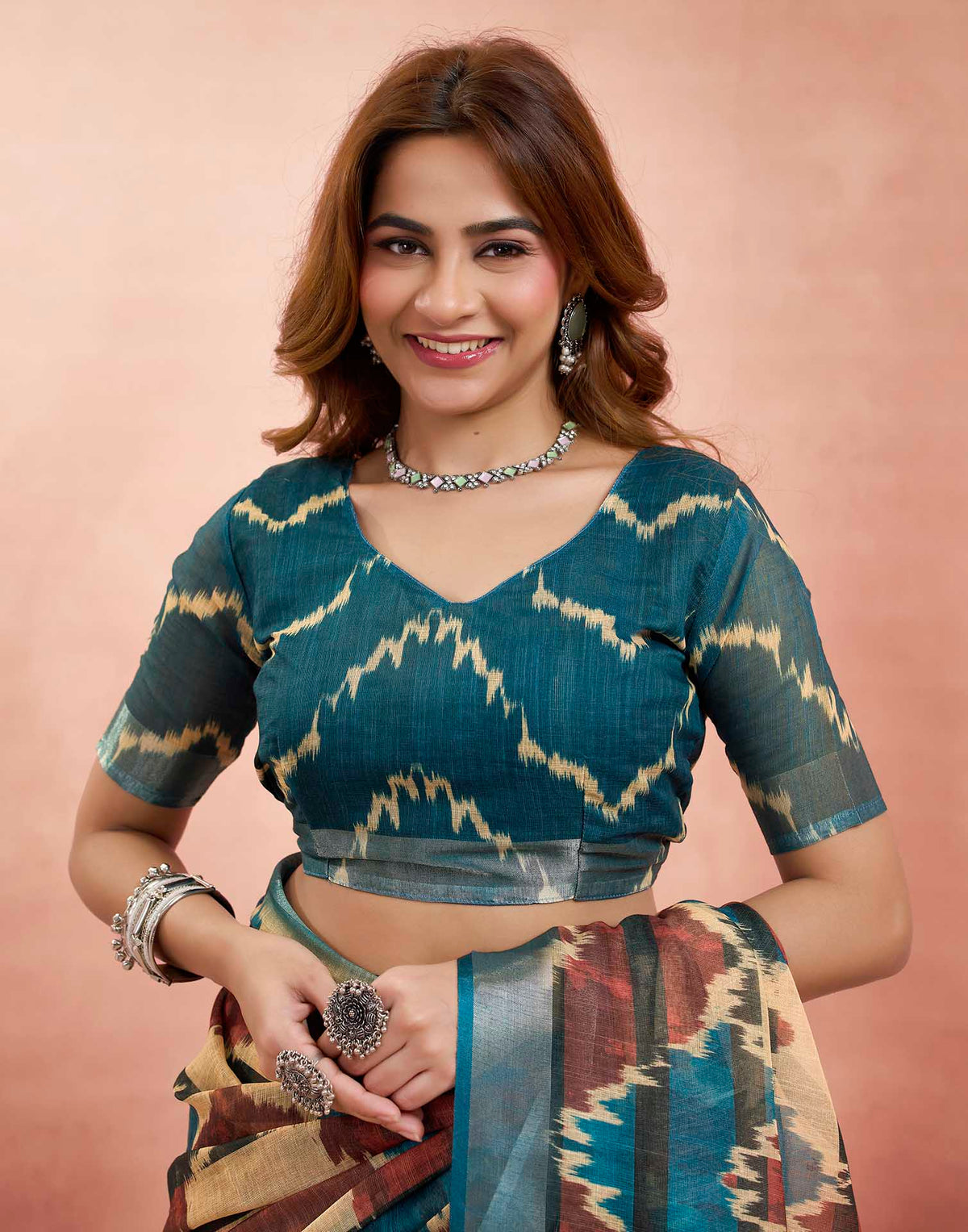 Ready To Wear Brown Linen Printed Saree