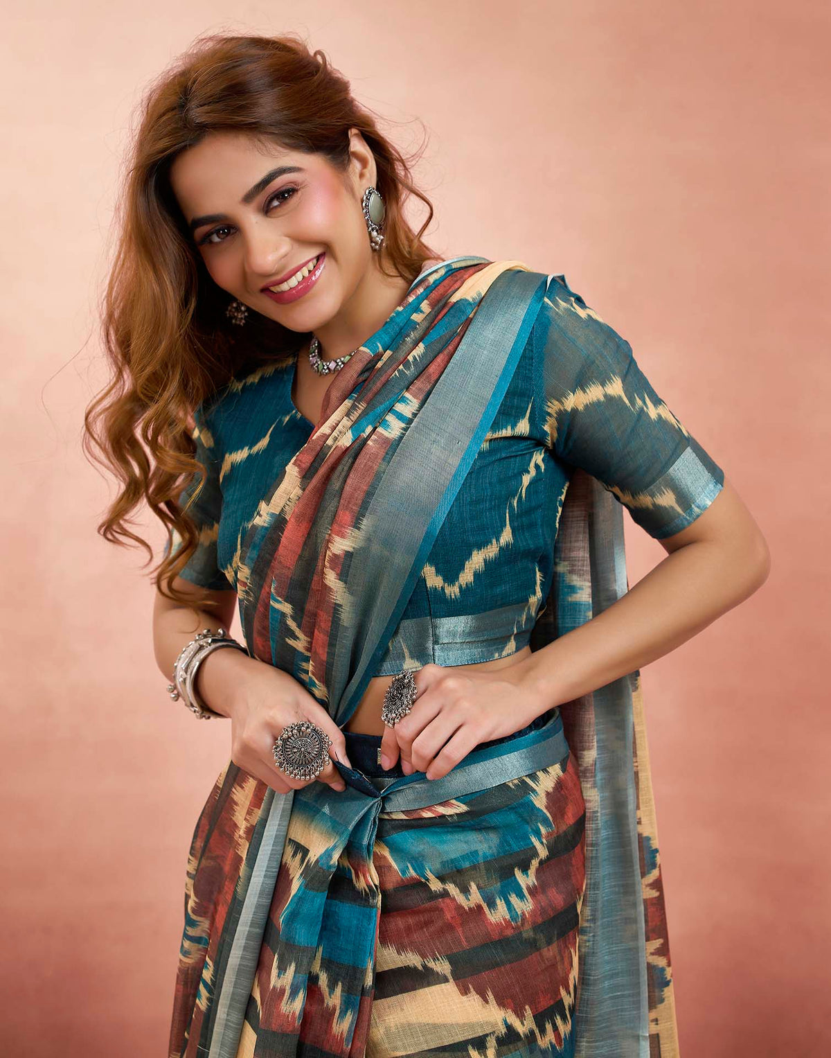 Ready To Wear Brown Linen Printed Saree