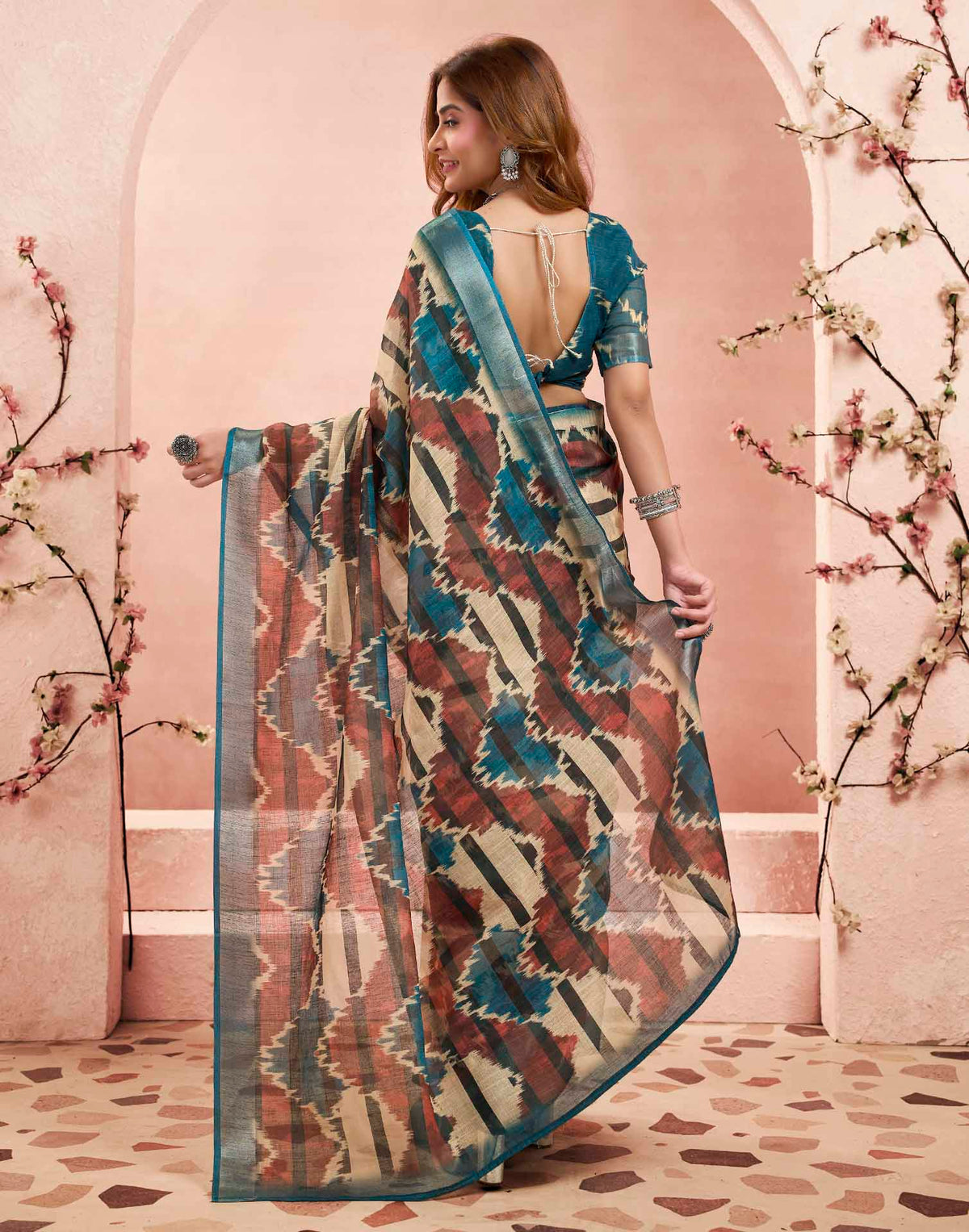 Ready To Wear Brown Linen Printed Saree