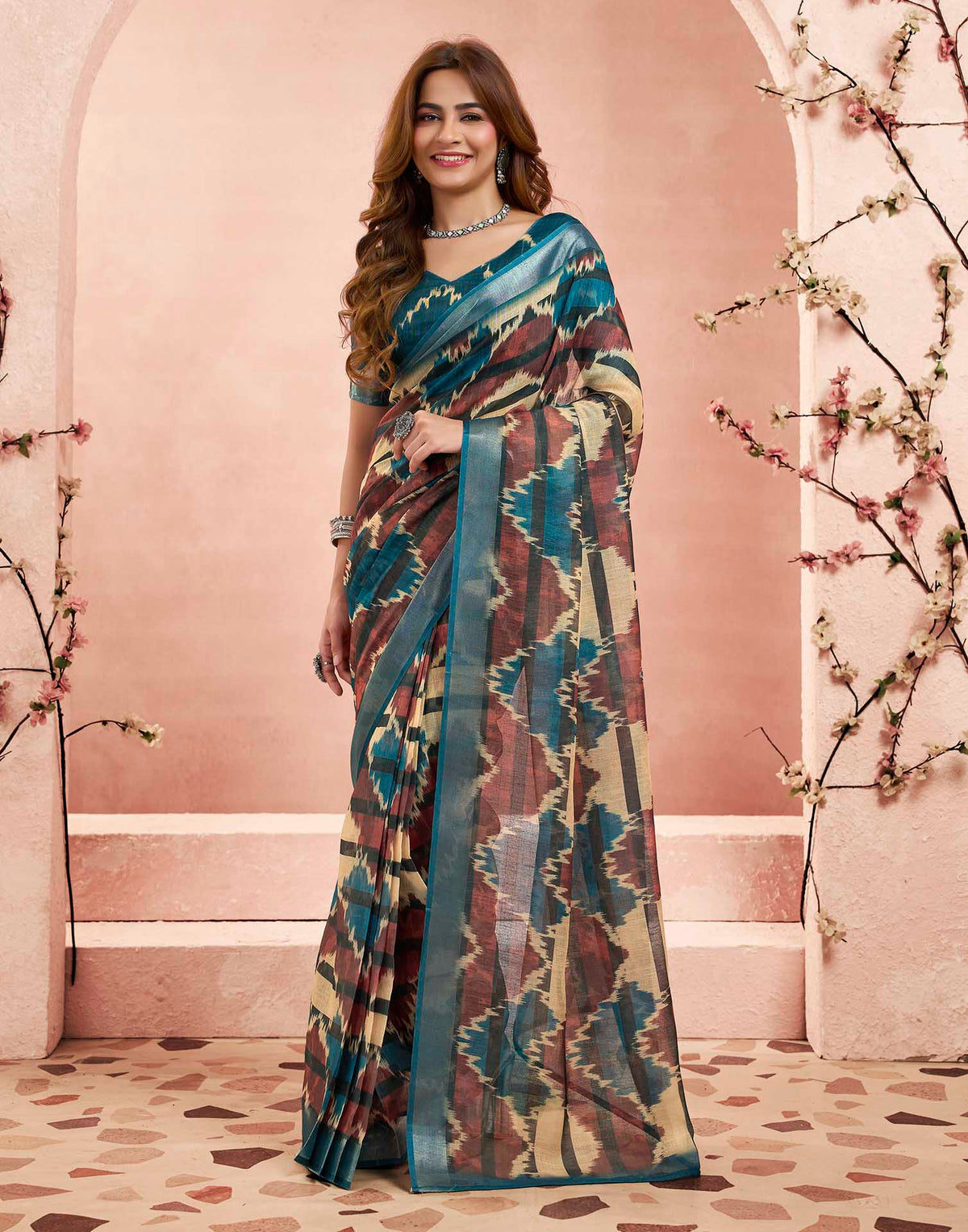 Ready To Wear Brown Linen Printed Saree