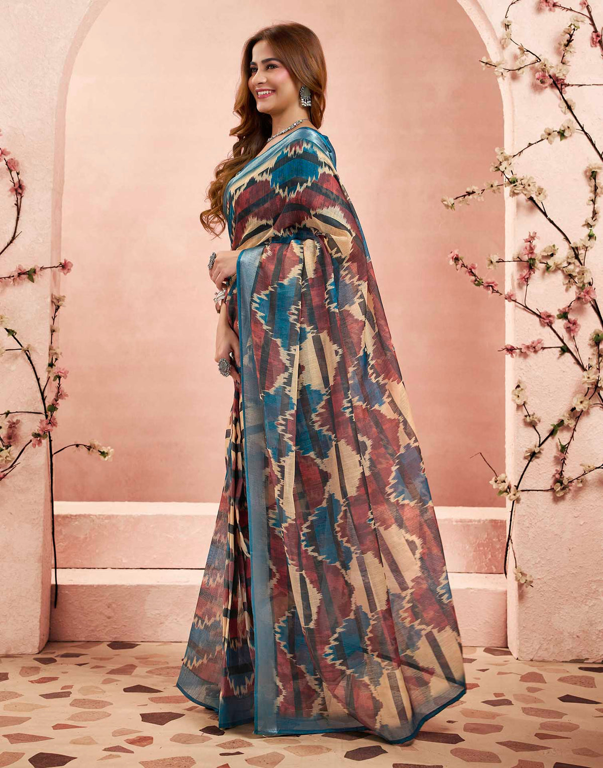 Ready To Wear Brown Linen Printed Saree
