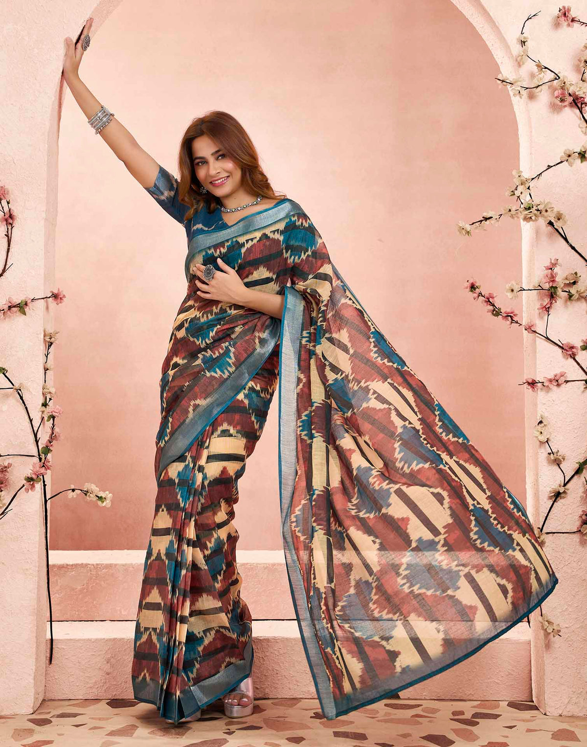 Ready To Wear Brown Linen Printed Saree