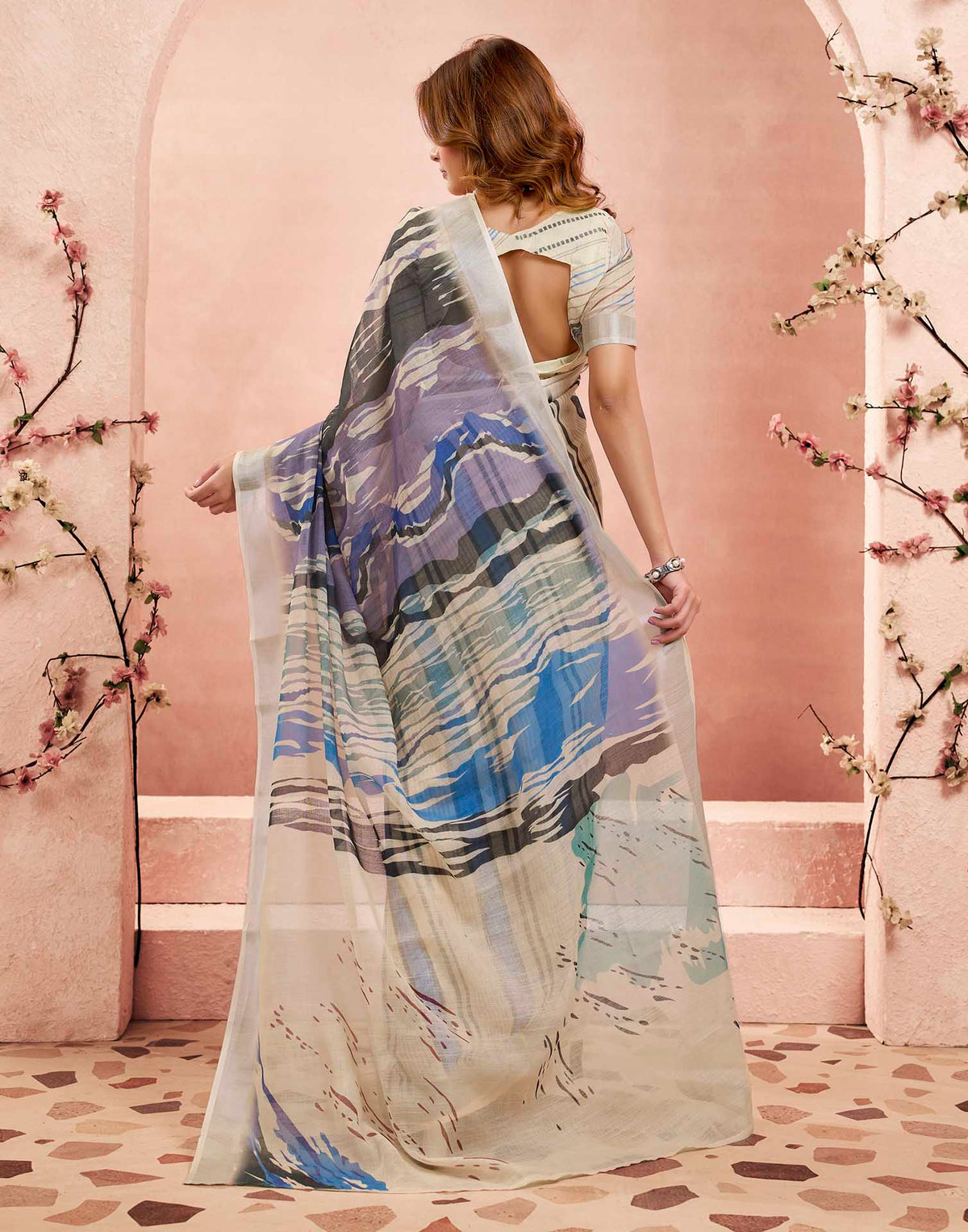 Ready To Wear Cream Linen Printed Saree
