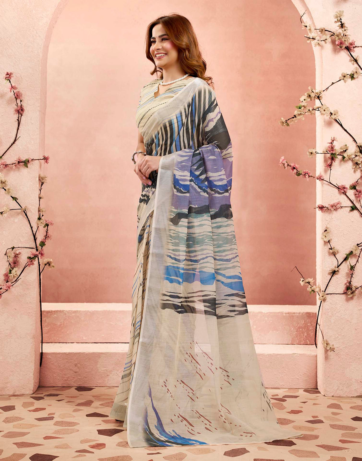 Ready To Wear Cream Linen Printed Saree