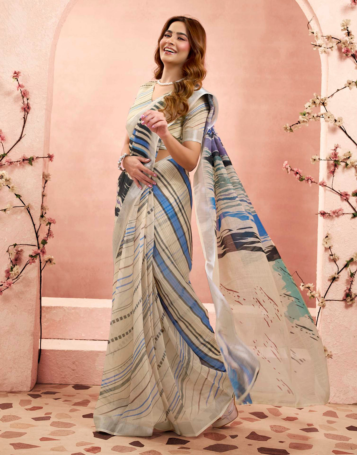 Ready To Wear Cream Linen Printed Saree