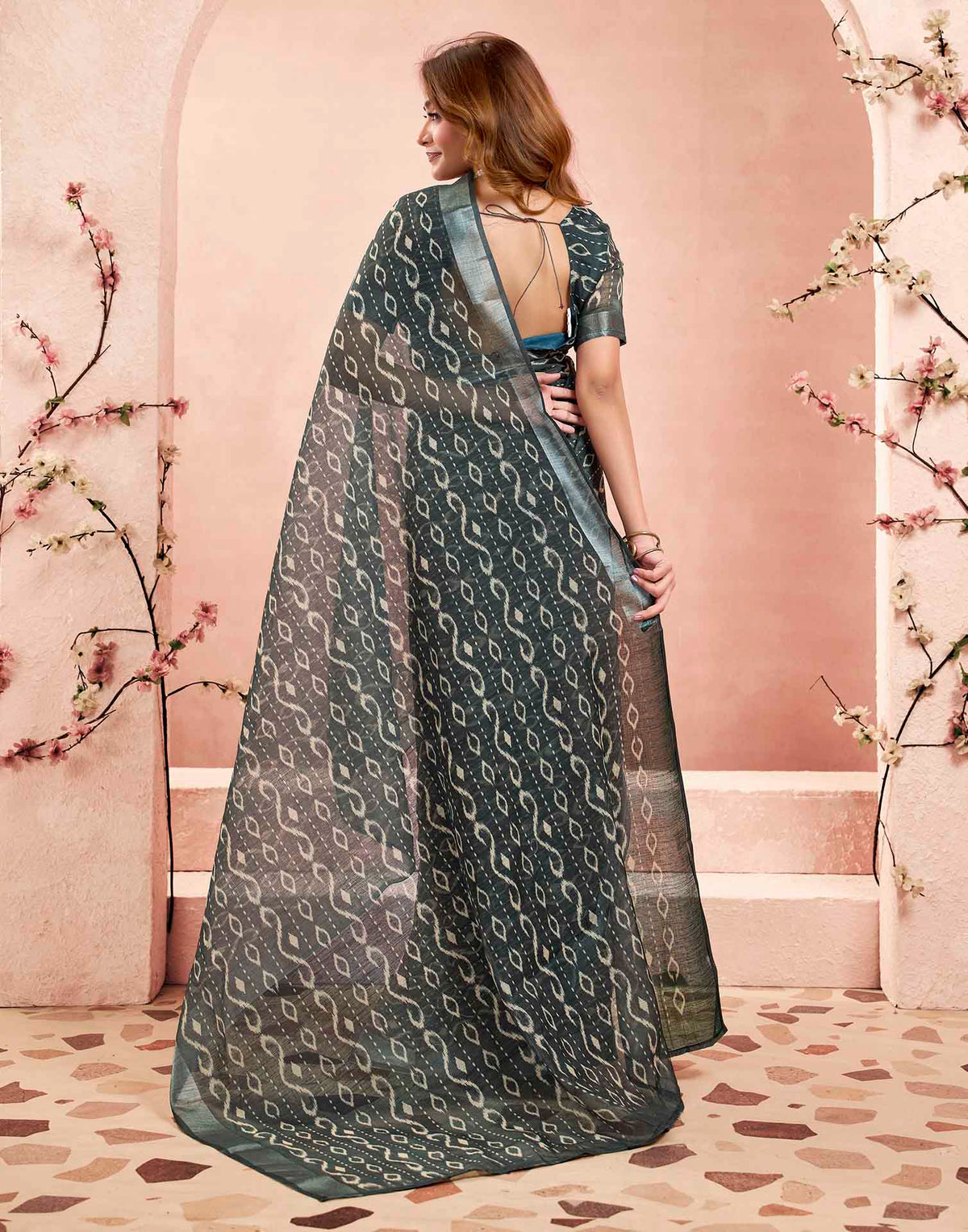 Ready To Wear Grey Linen Printed Saree