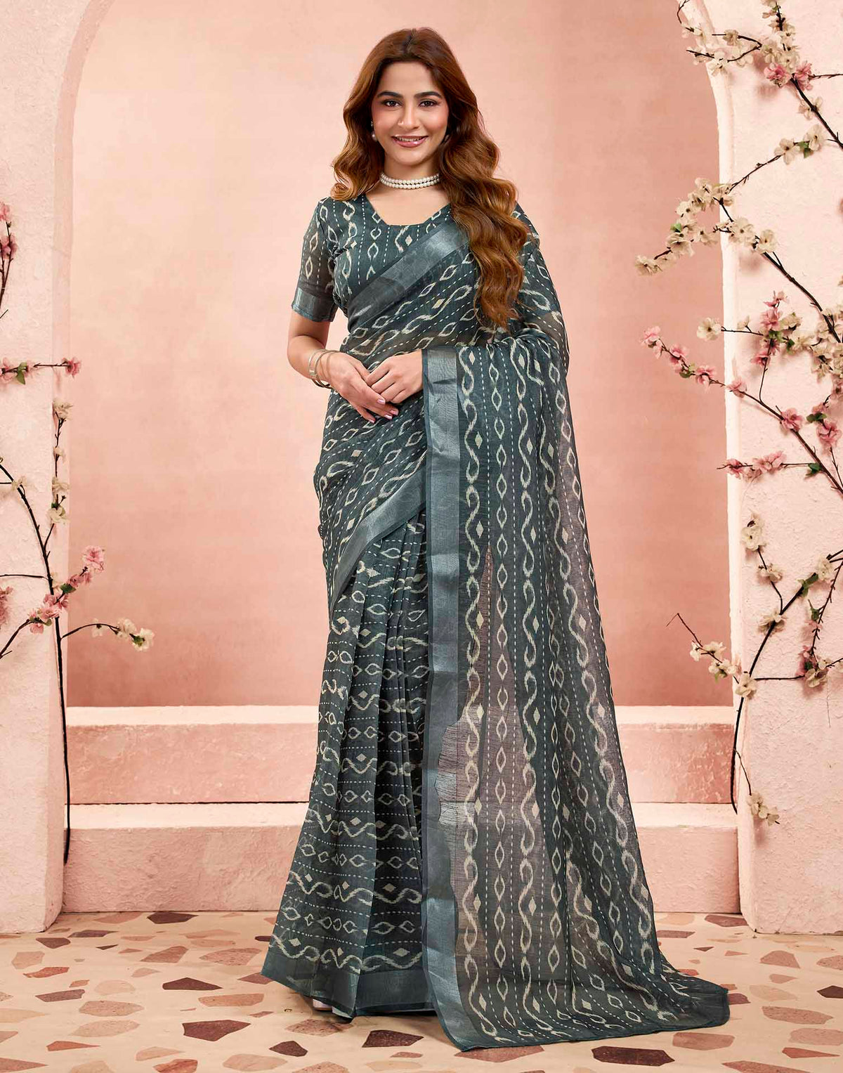Ready To Wear Grey Linen Printed Saree