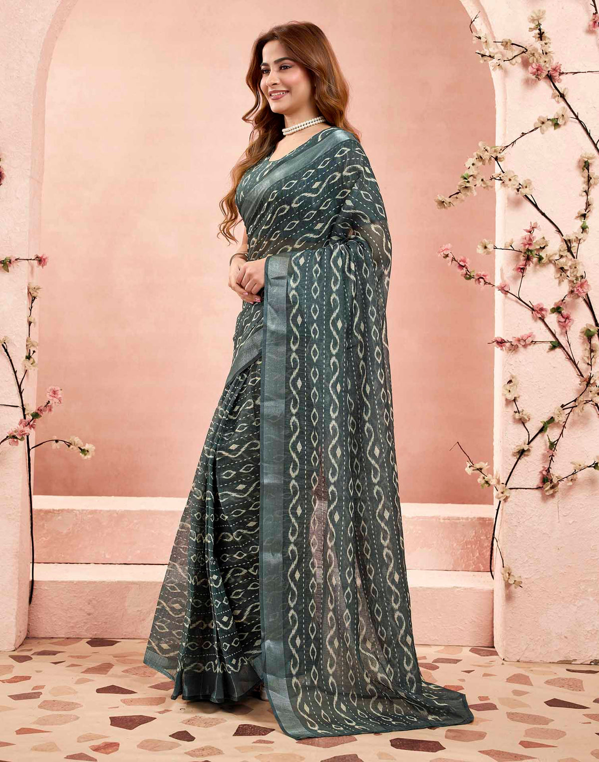 Ready To Wear Grey Linen Printed Saree