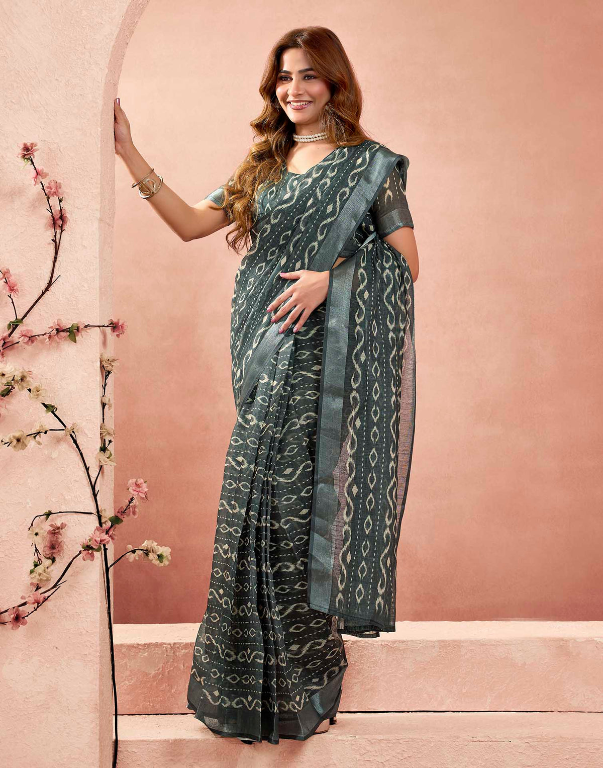 Ready To Wear Grey Linen Printed Saree