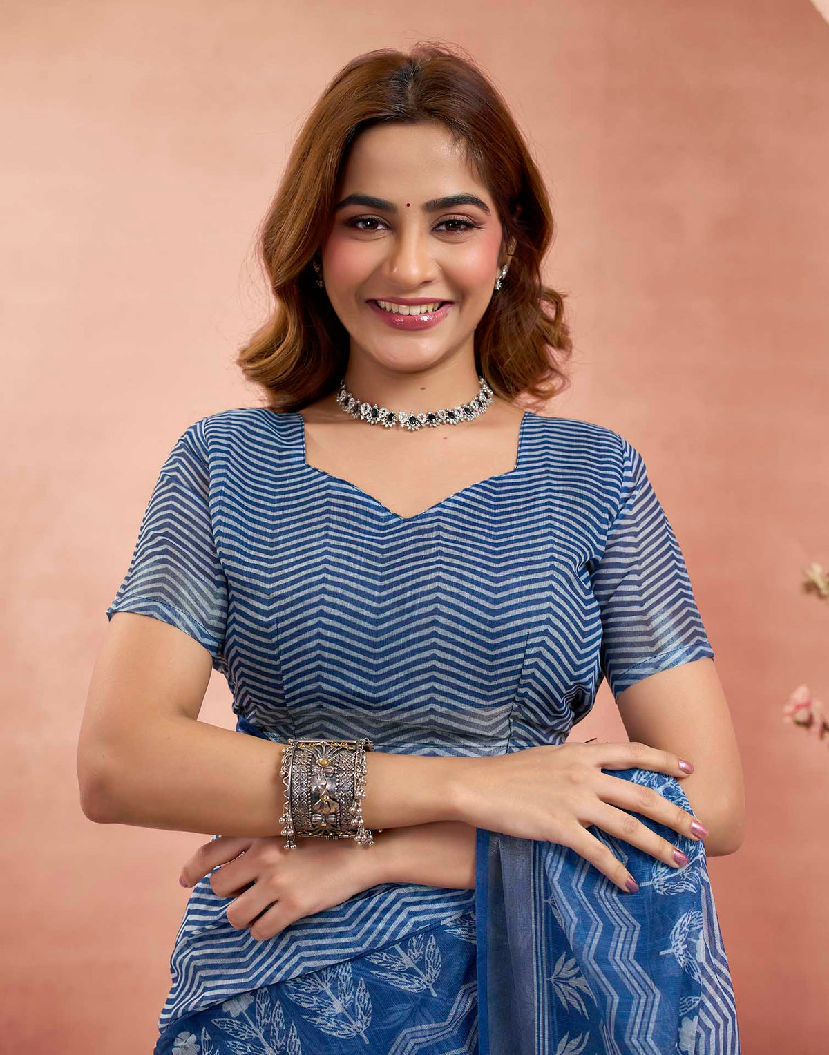 Ready To Wear Denim Blue Linen Printed Saree
