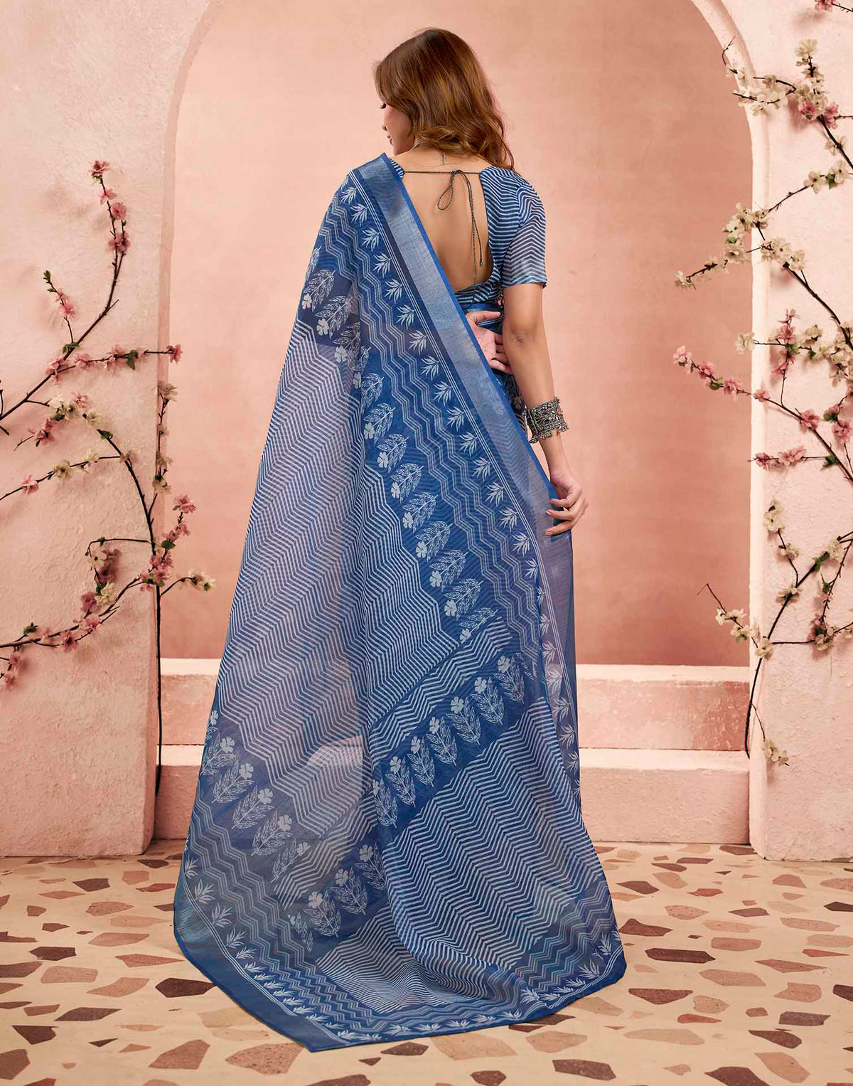 Ready To Wear Denim Blue Linen Printed Saree