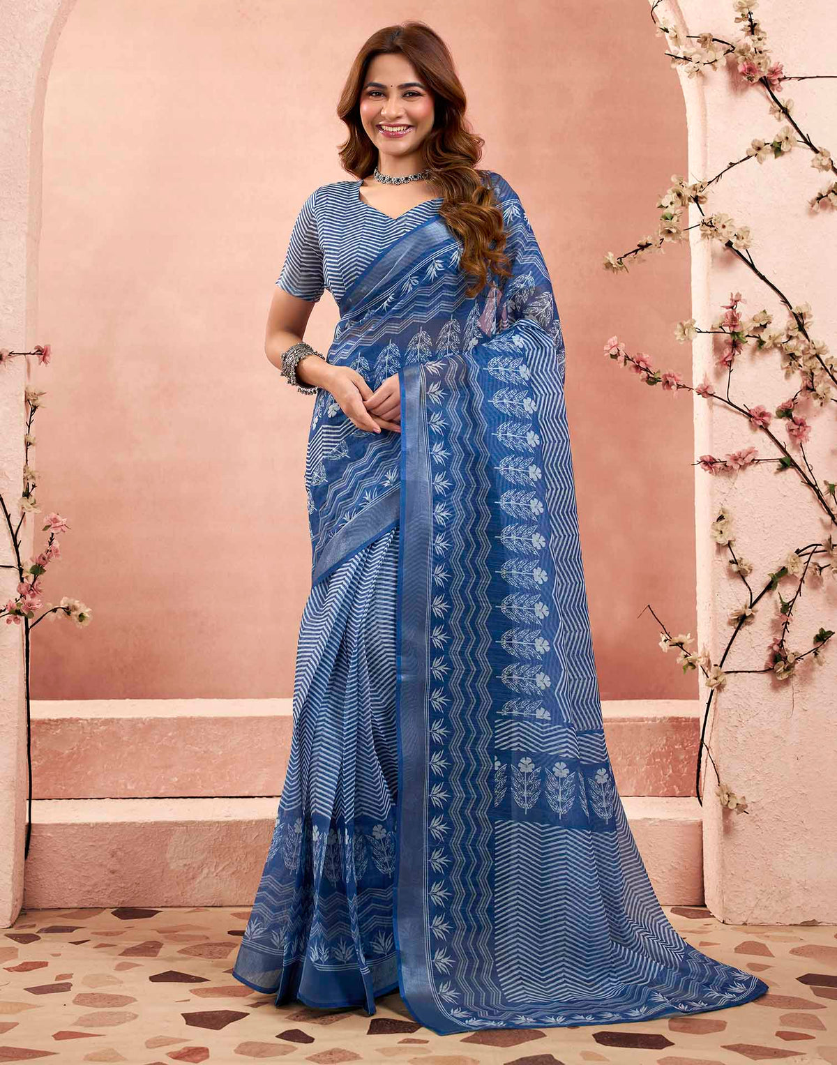 Ready To Wear Denim Blue Linen Printed Saree
