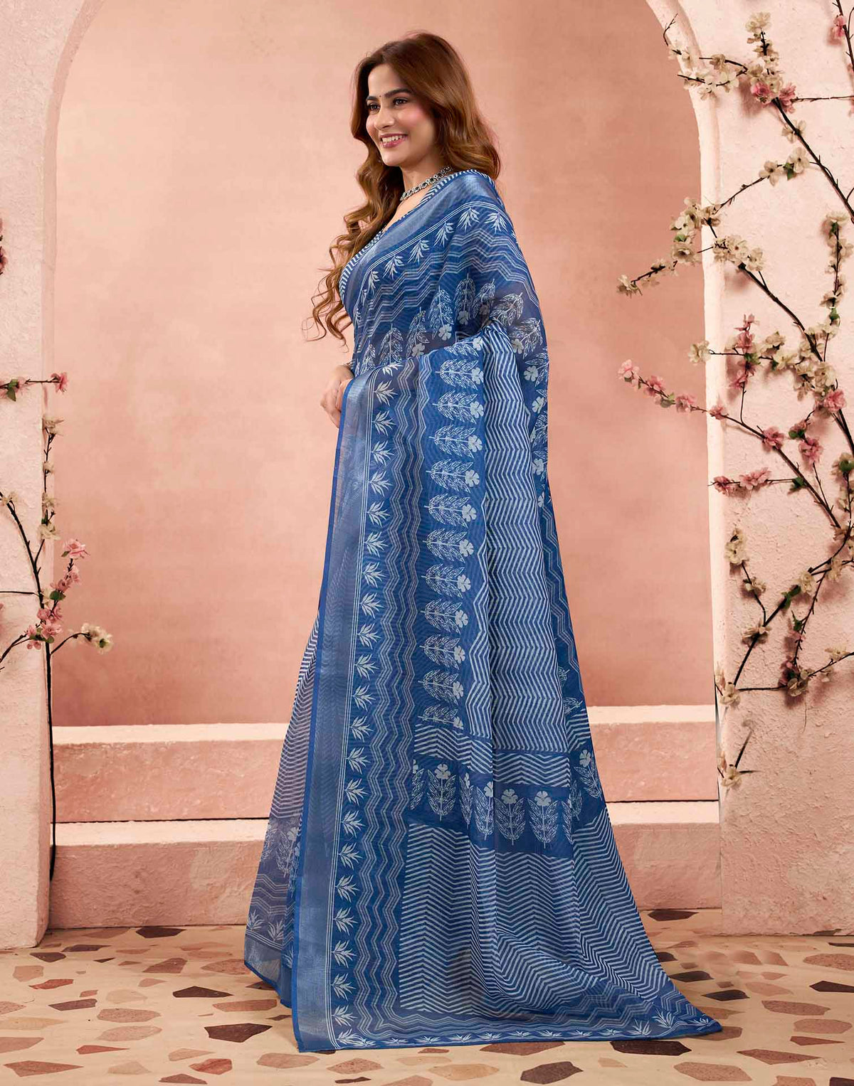 Ready To Wear Denim Blue Linen Printed Saree