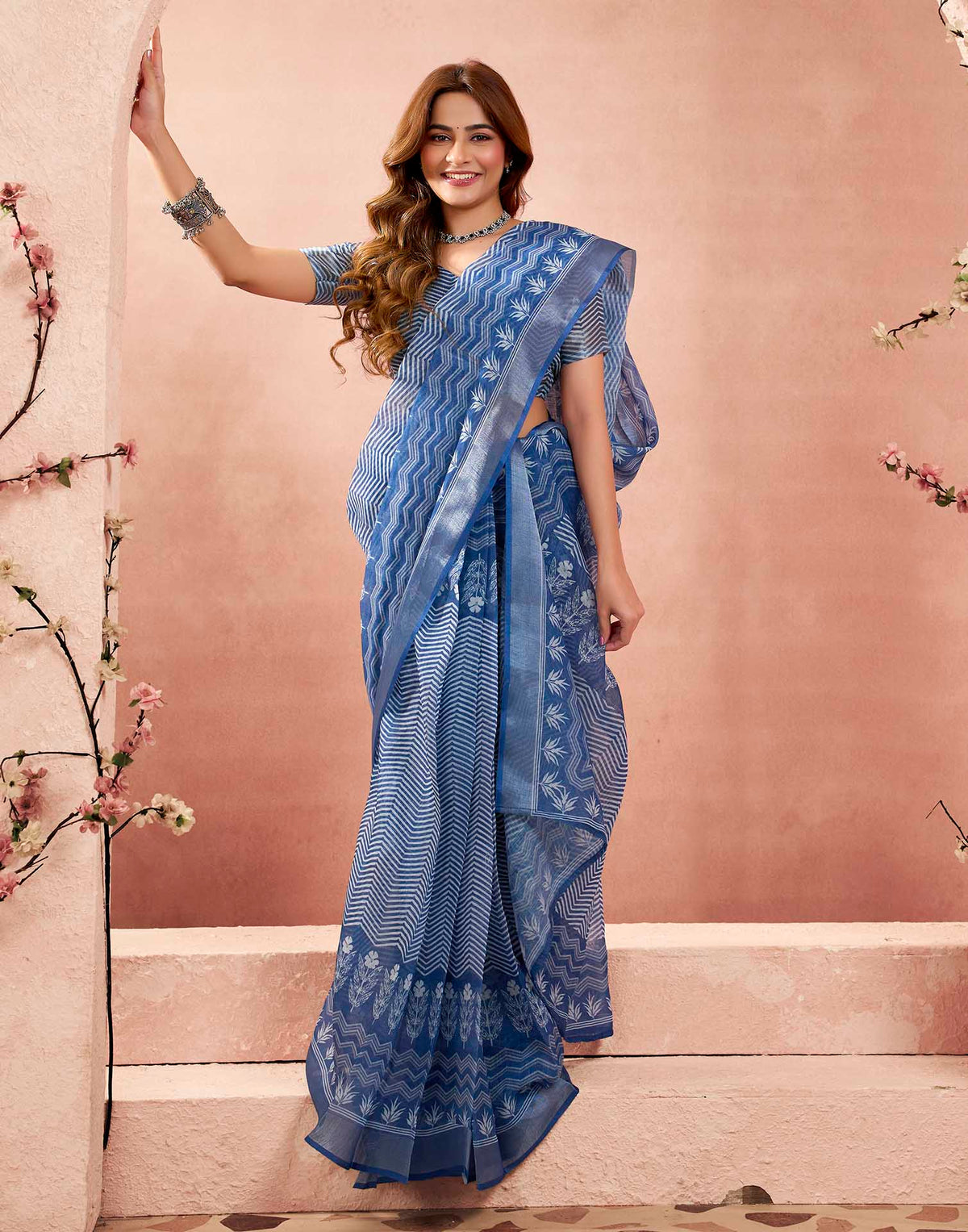 Ready To Wear Denim Blue Linen Printed Saree
