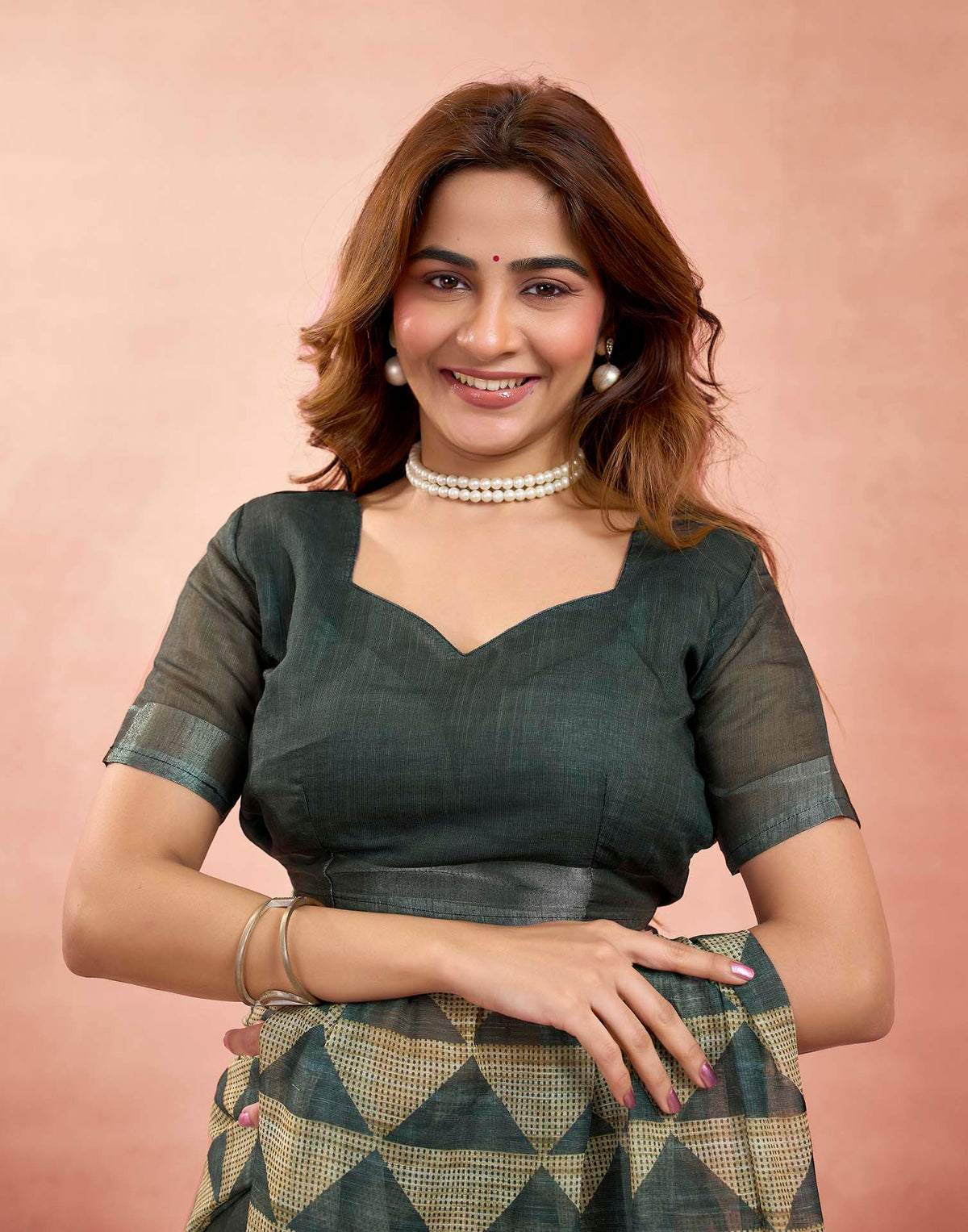 Ready To Wear Charcoal Green Linen Printed Saree