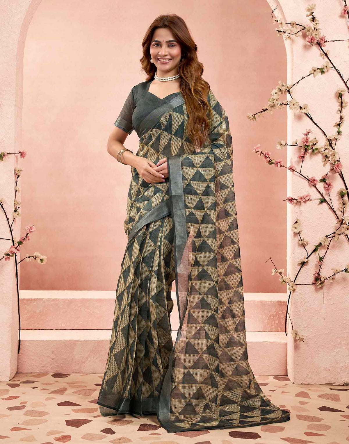 Ready To Wear Charcoal Green Linen Printed Saree
