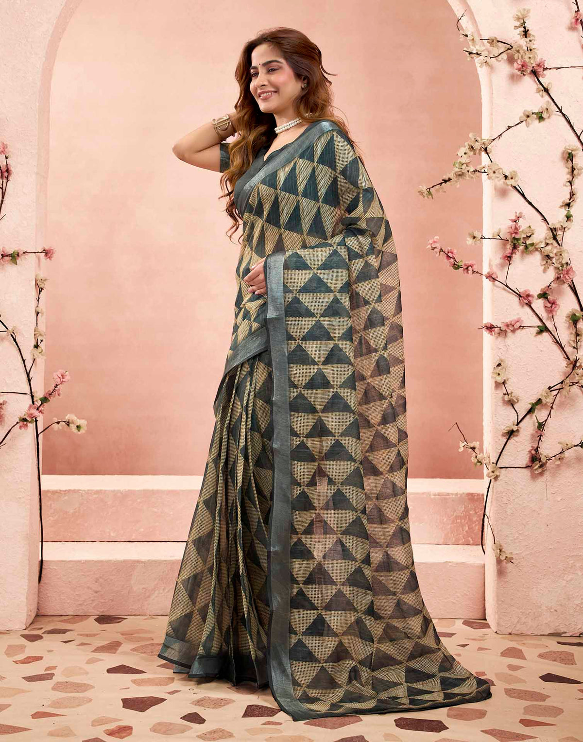 Ready To Wear Charcoal Green Linen Printed Saree