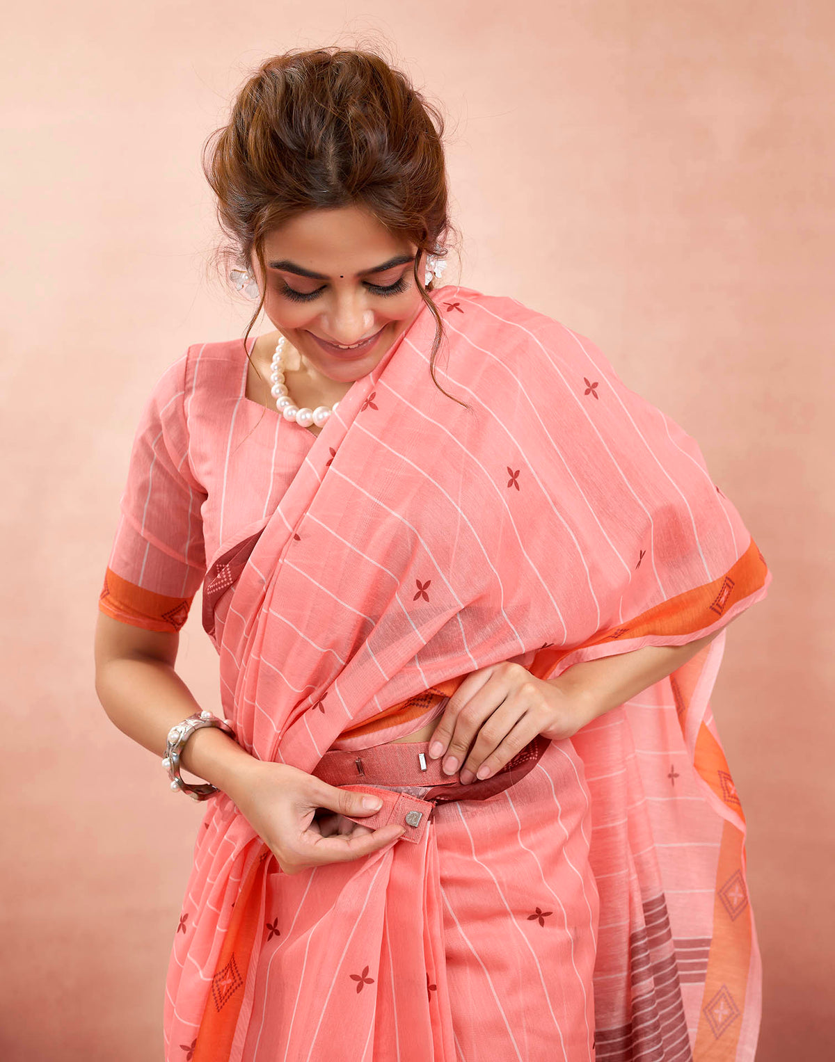 Ready To Wear Baby Pink Linen Printed Saree