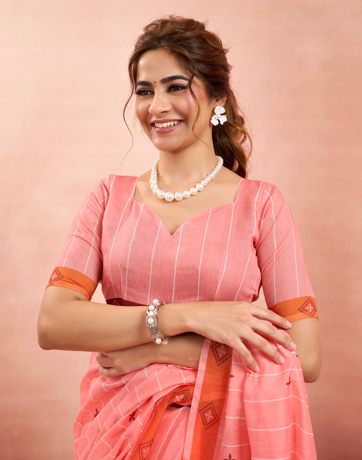 Ready To Wear Baby Pink Linen Printed Saree