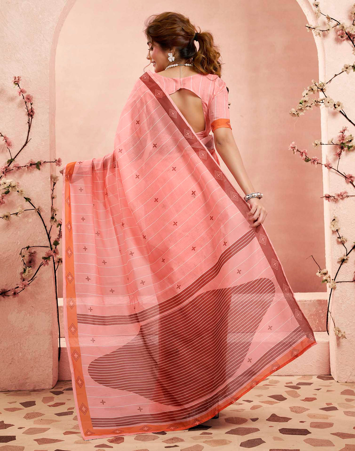 Ready To Wear Baby Pink Linen Printed Saree