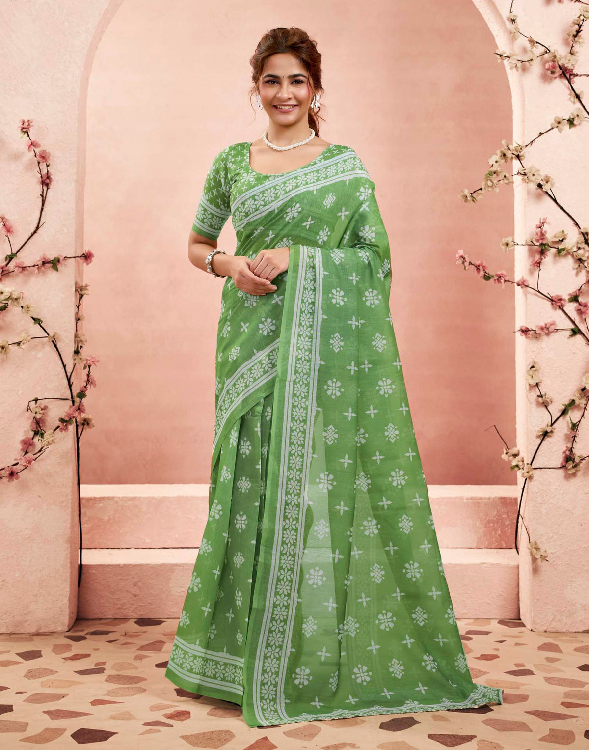 Ready To Wear Parrot Green Linen Printed Saree