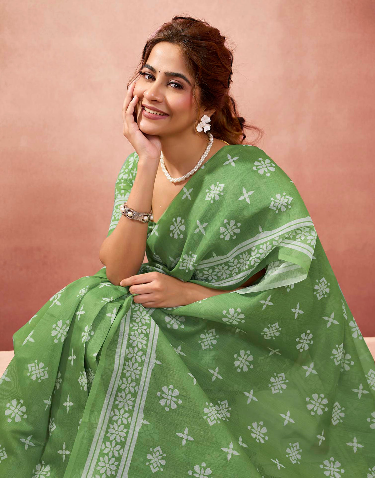 Ready To Wear Parrot Green Linen Printed Saree
