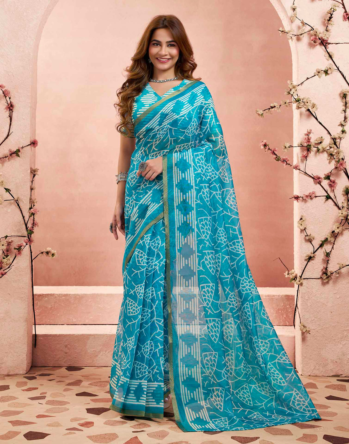 Ready To Wear Sky Blue Linen Printed Saree