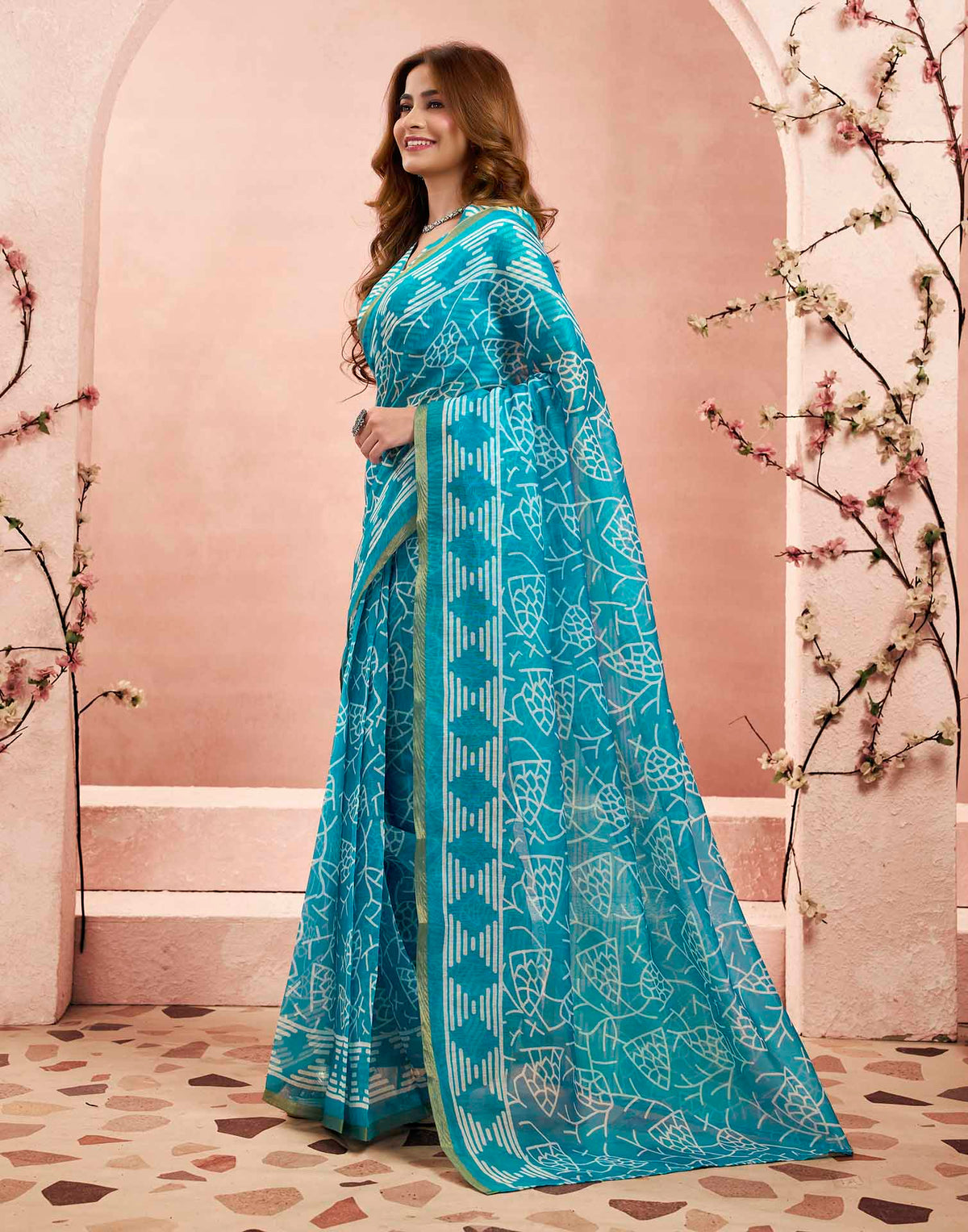 Ready To Wear Sky Blue Linen Printed Saree