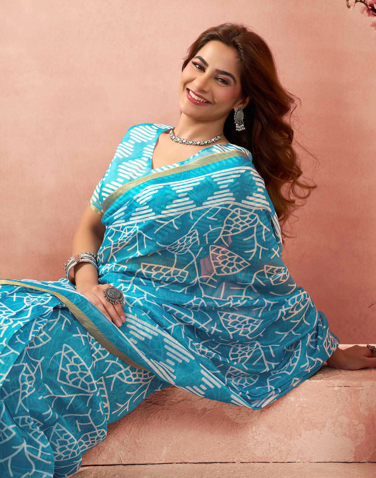 Ready To Wear Sky Blue Linen Printed Saree