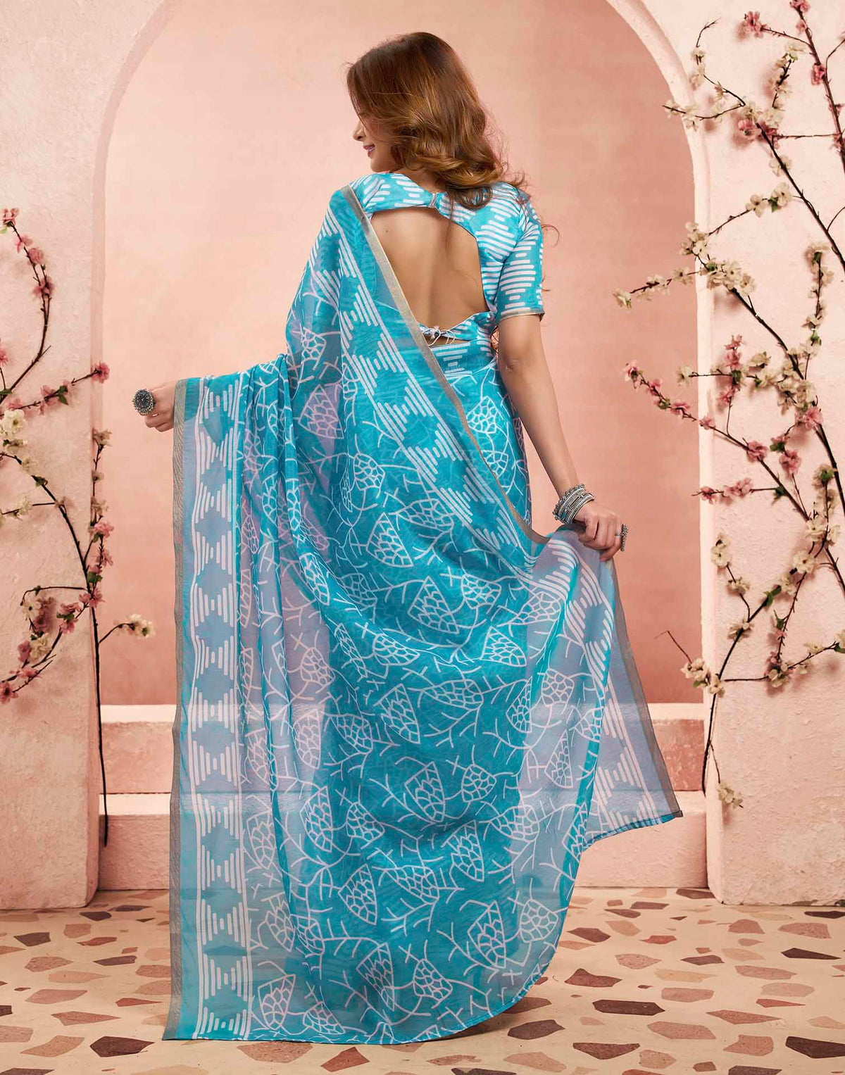 Ready To Wear Sky Blue Linen Printed Saree