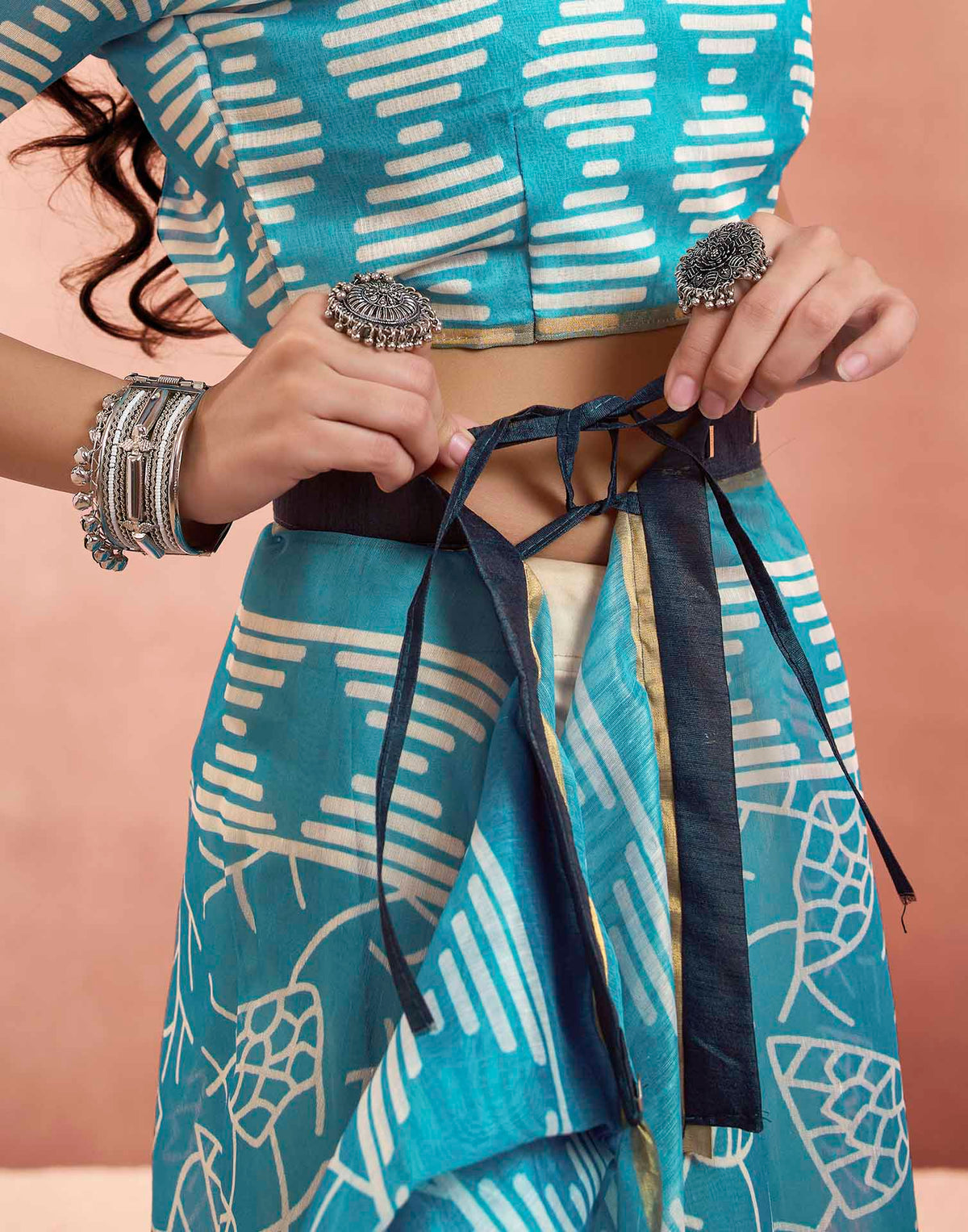 Ready To Wear Sky Blue Linen Printed Saree