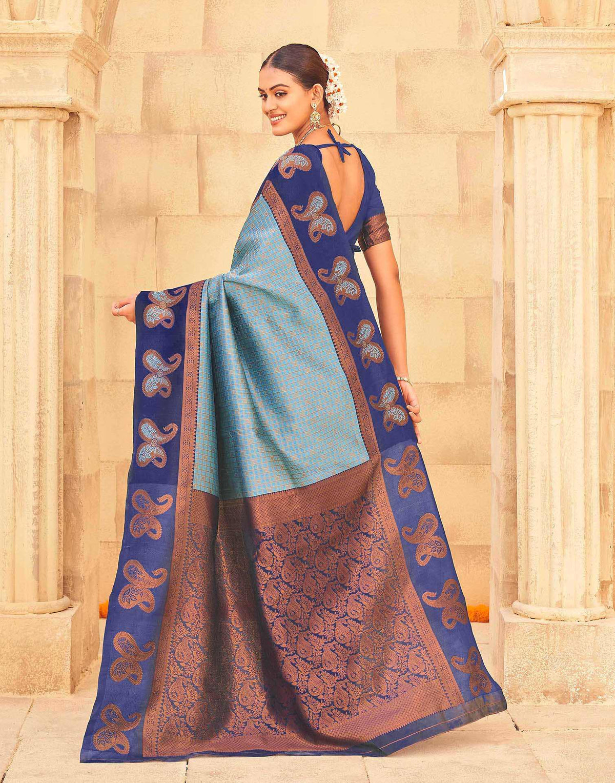 Aqua Blue Silk Woven Banarasi Saree