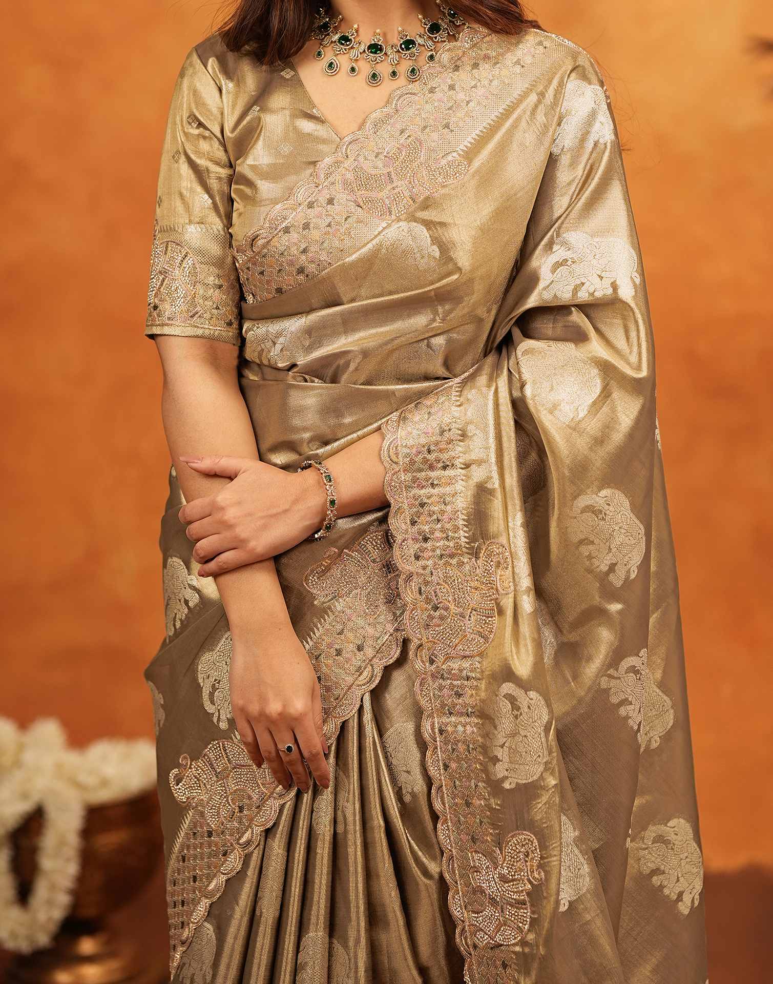 Dark Beige Silk Woven Embroidery Stone Work Embellished Saree