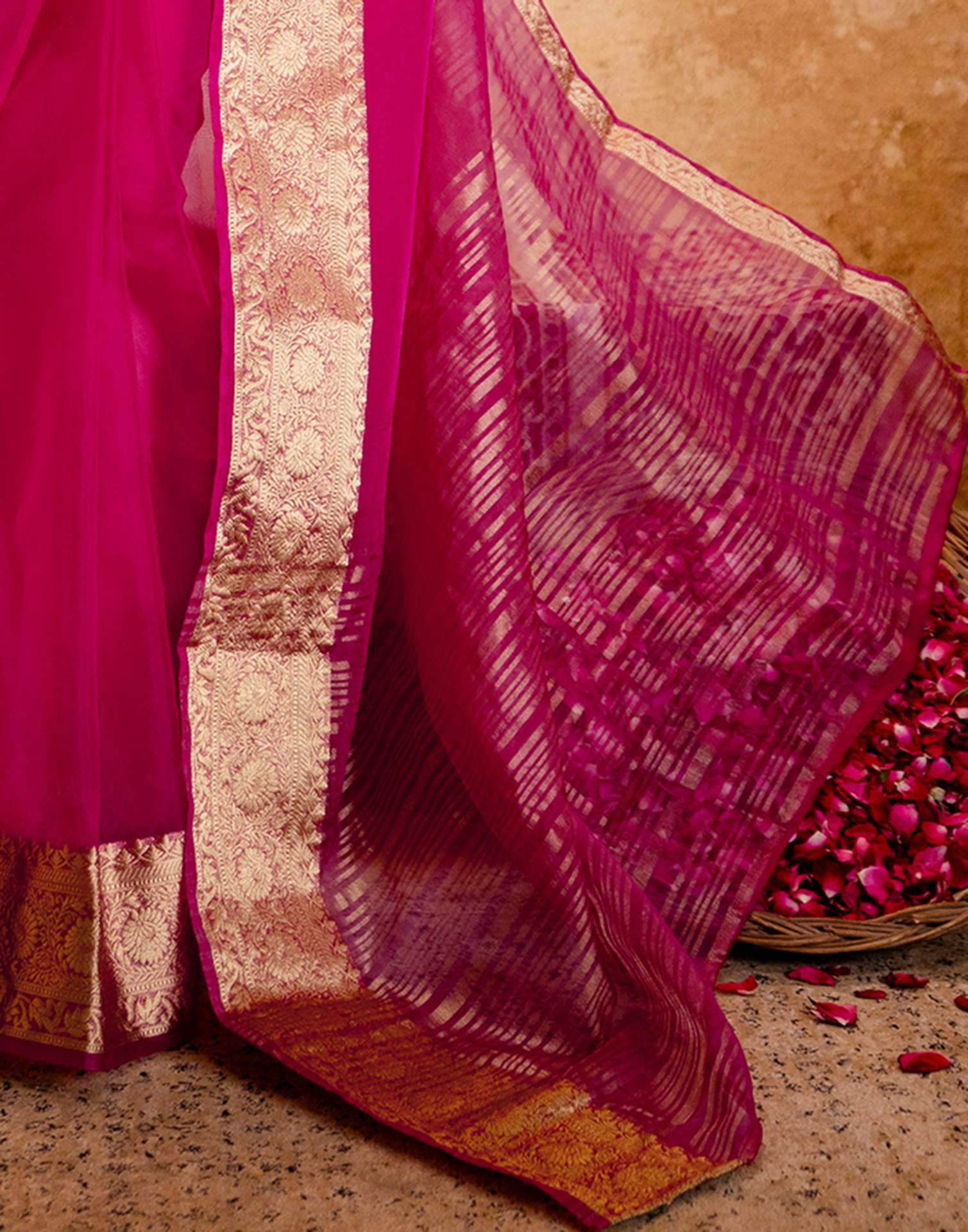 Rani Pink Organza Woven Border Saree