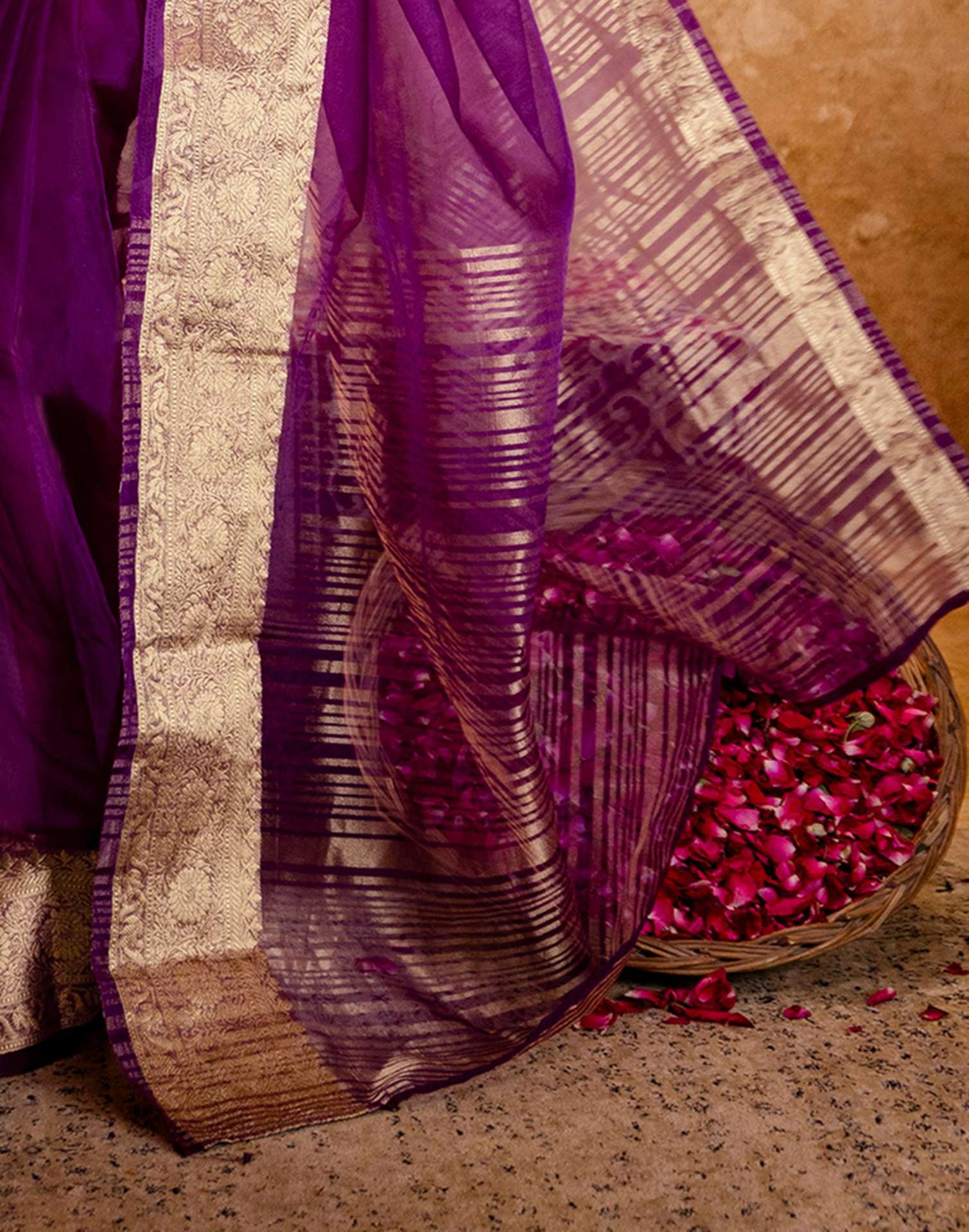 Dark Purple Organza Woven Border Saree