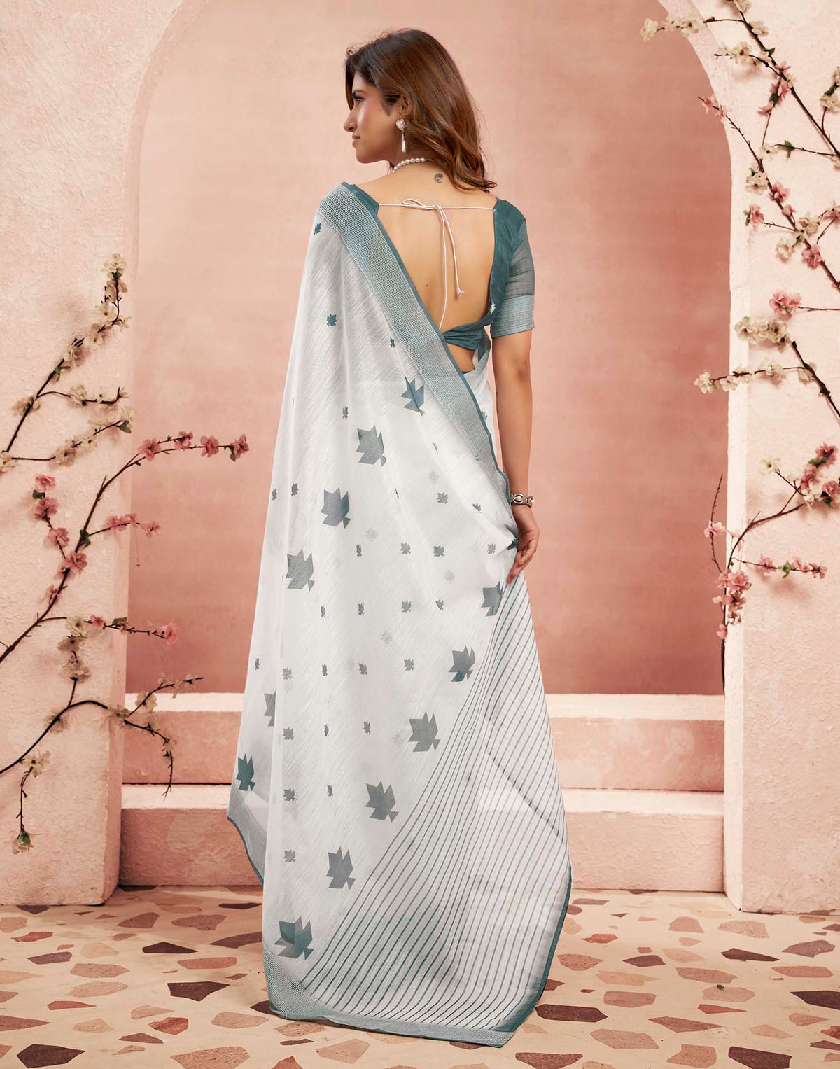 Ready To Wear White Linen Printed Saree