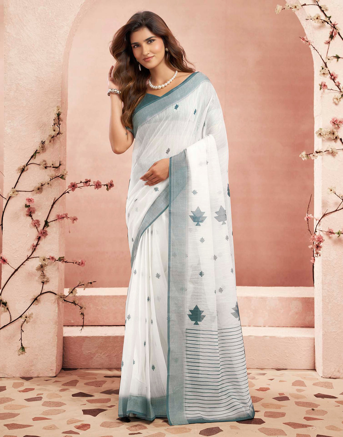 Ready To Wear White Linen Printed Saree