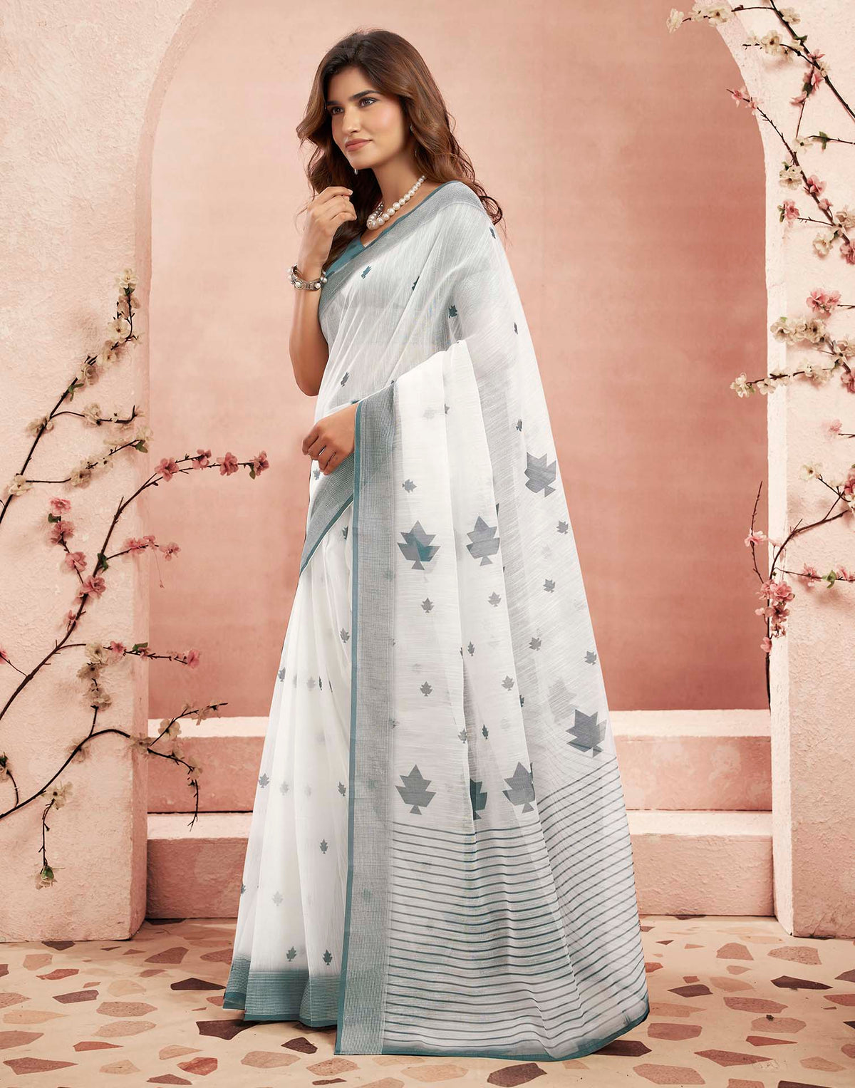 Ready To Wear White Linen Printed Saree