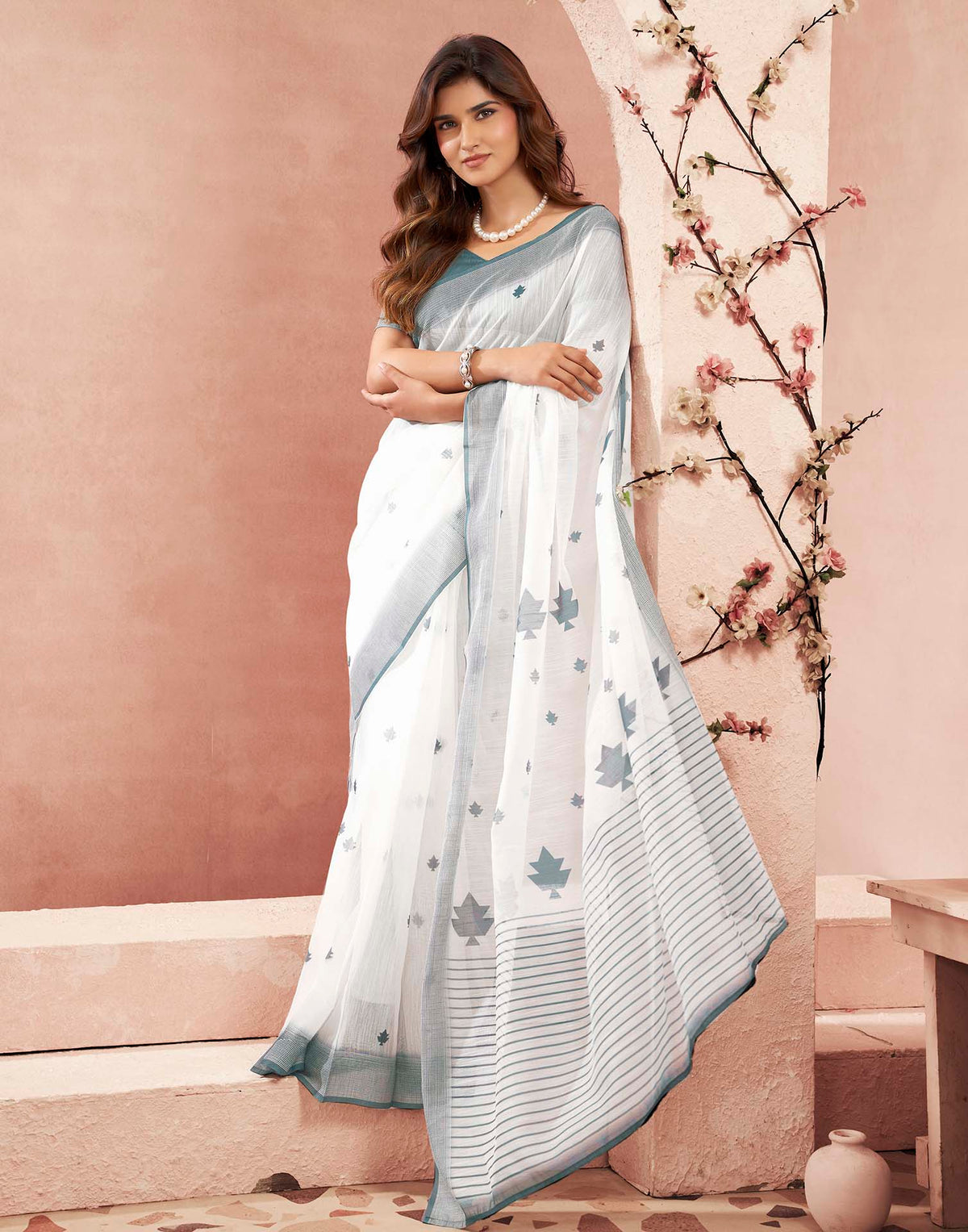 Ready To Wear White Linen Printed Saree