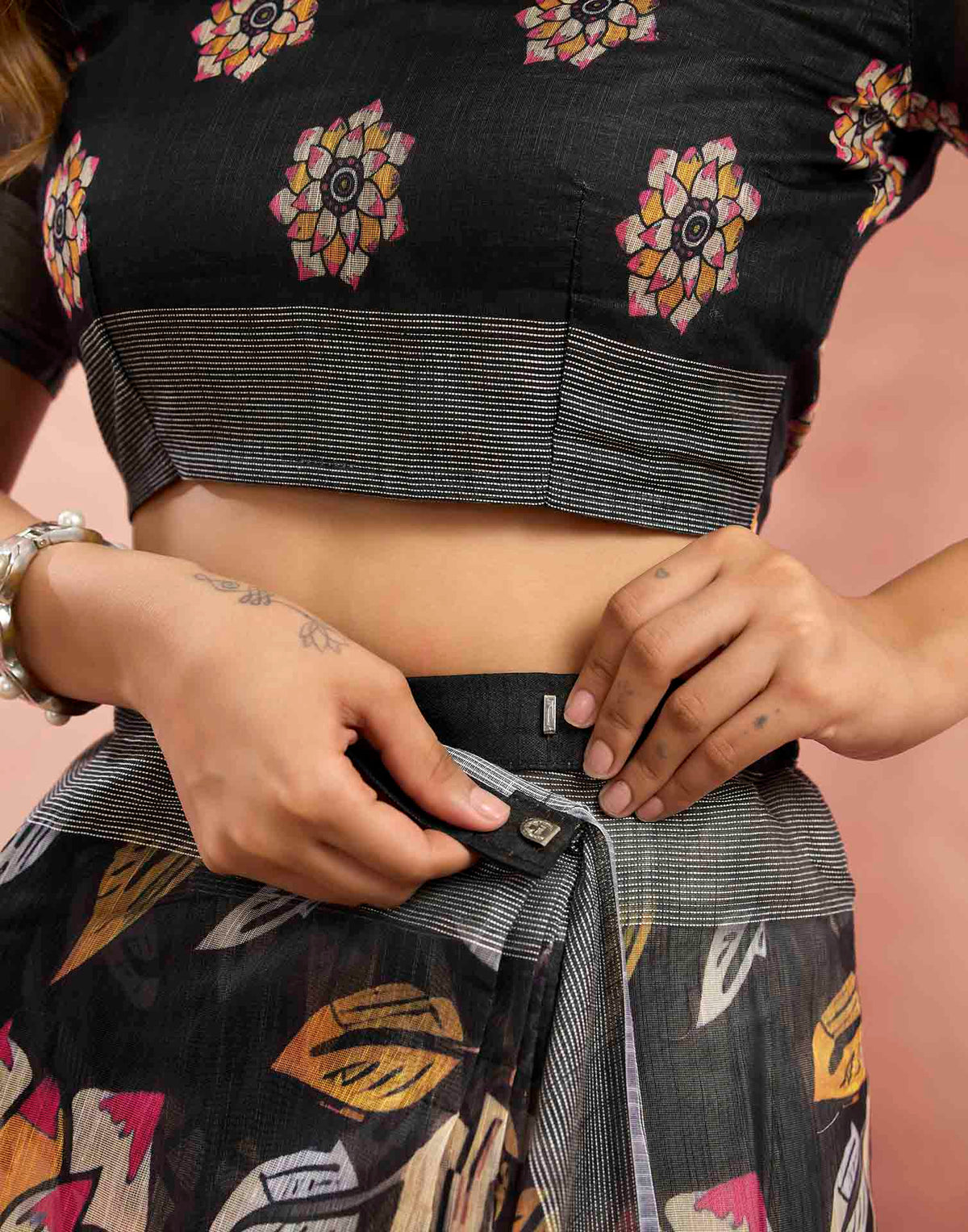 Ready To Wear Black Linen Kalamkari Printed Saree