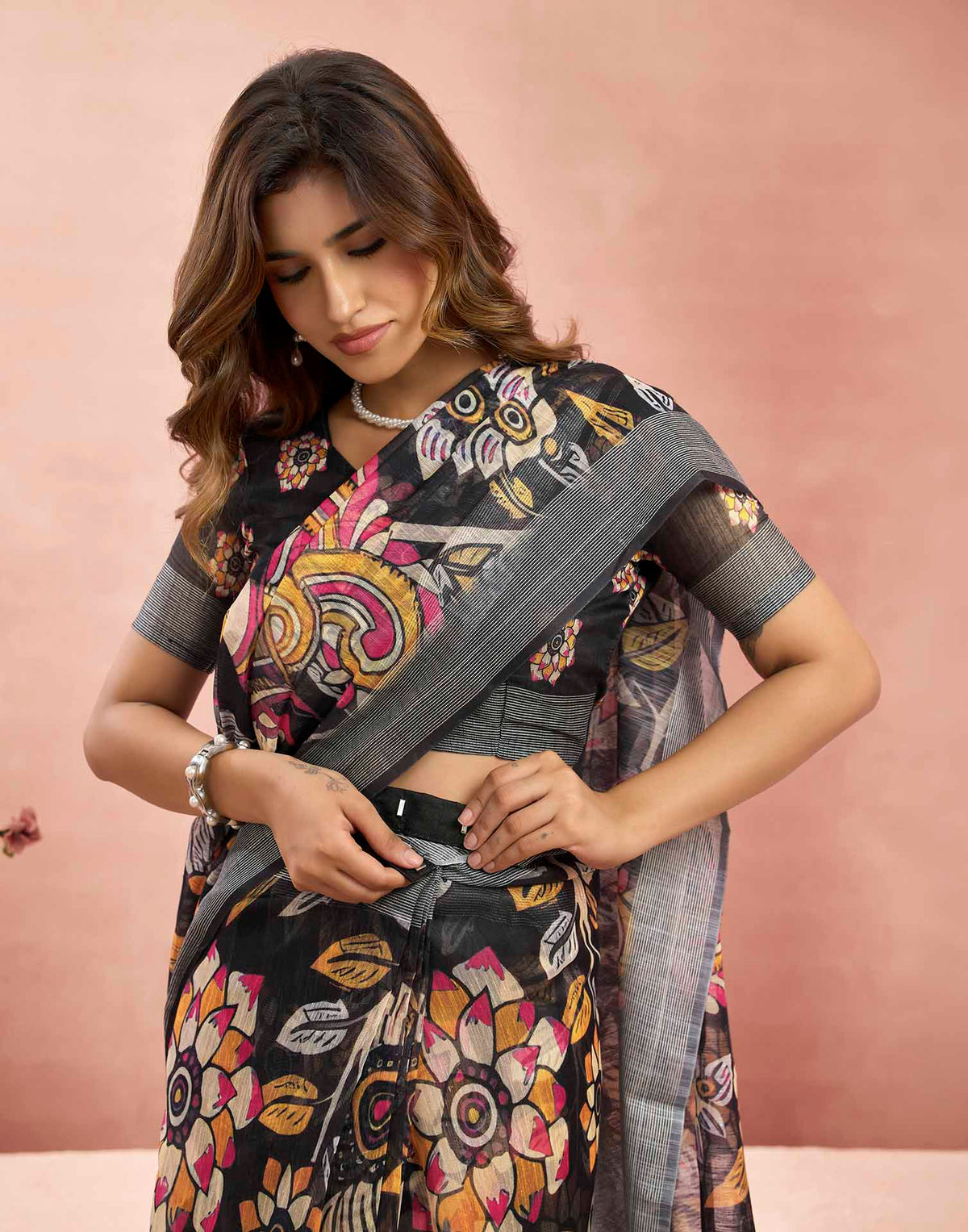 Ready To Wear Black Linen Kalamkari Printed Saree